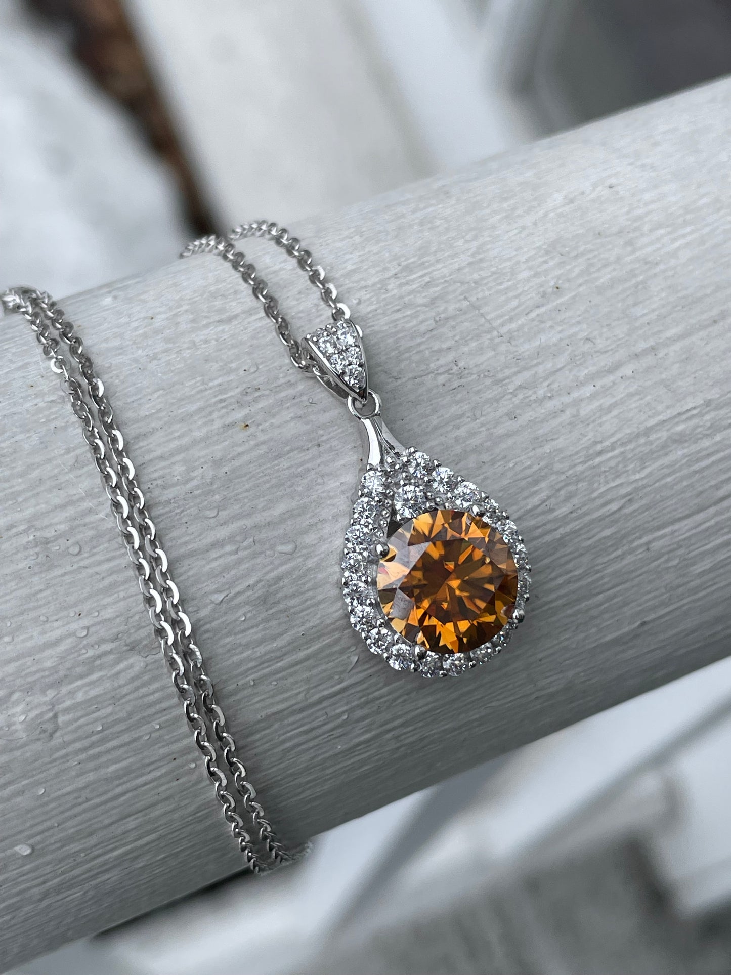 925 Sterling Silver 6.00ct Honey Color Moisonite Halo Necklace (K14)