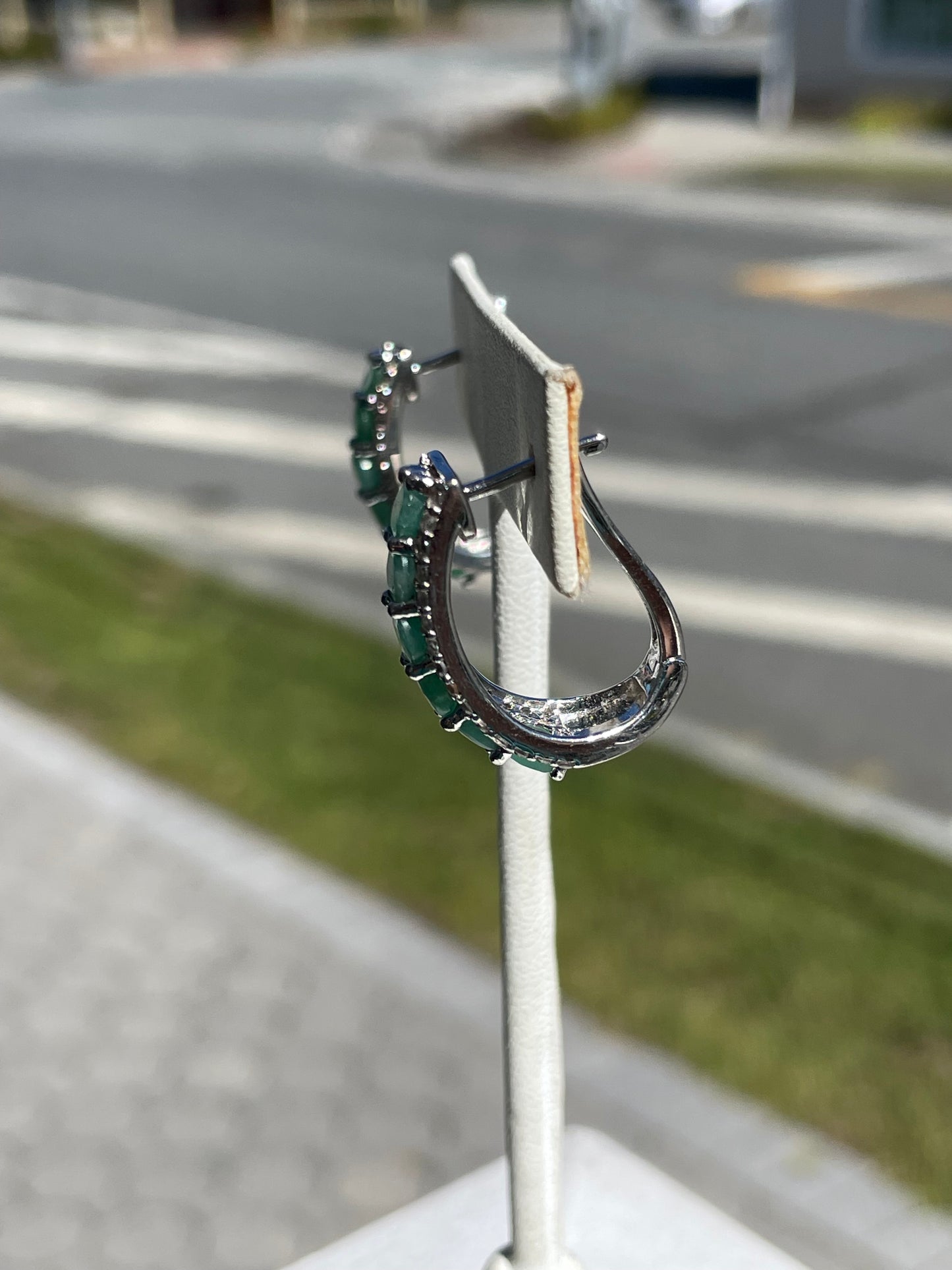 925 Sterling Silver Natural Emerald Hoop Earrings