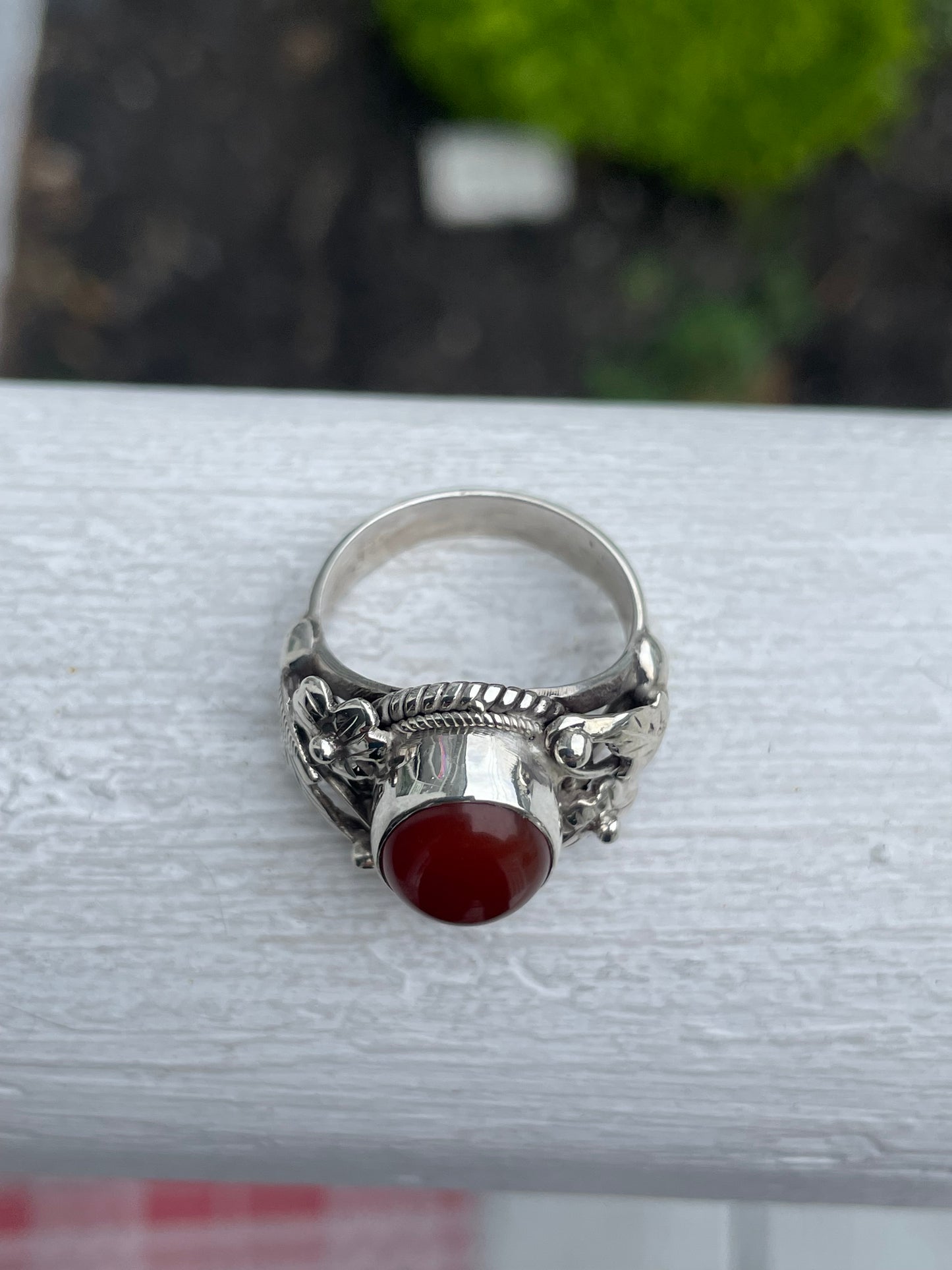 925 Sterling Silver Carnelian Solitaire Ring Nature Filigree Setting Size 7.5
