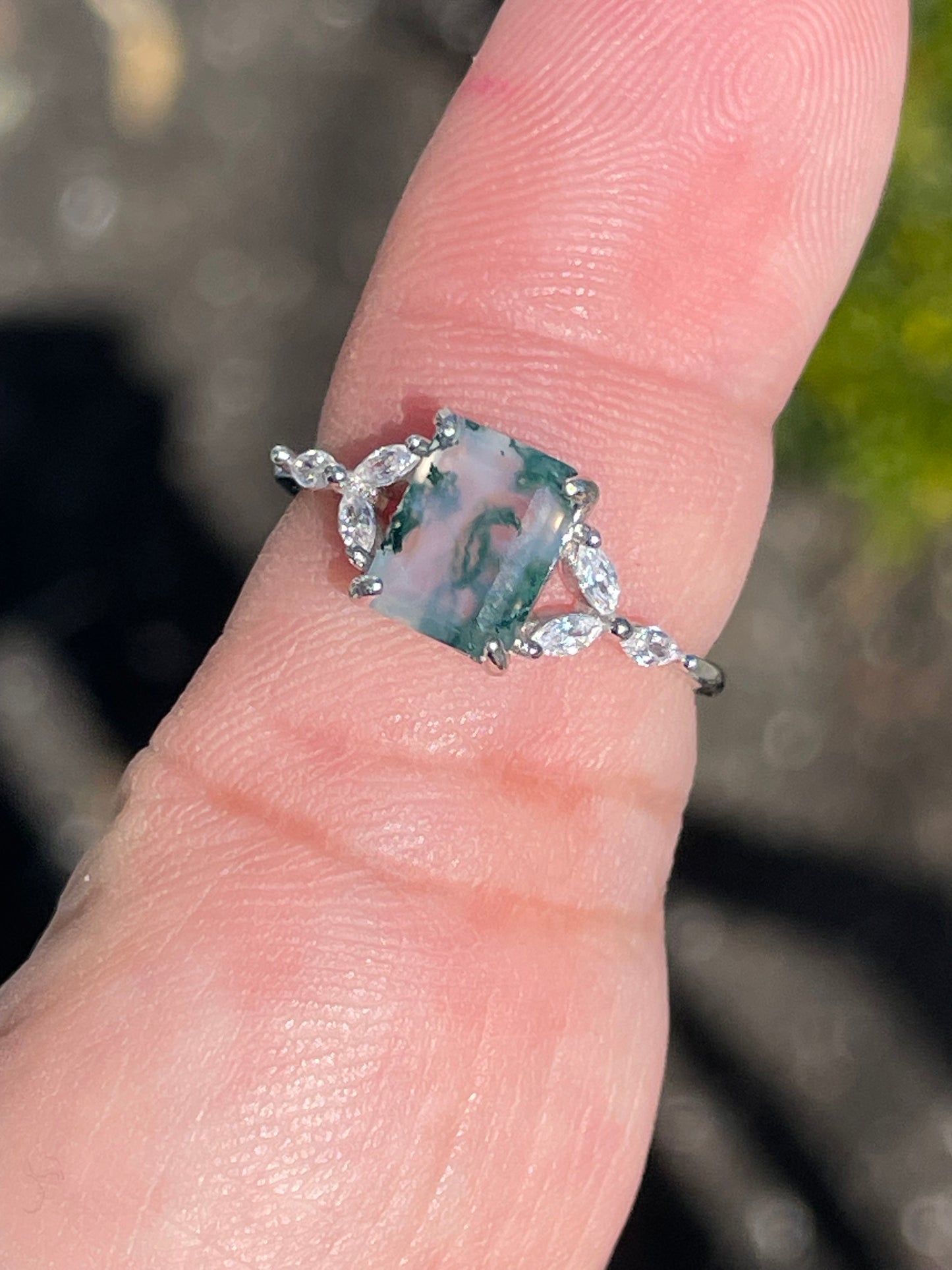 925 Sterling Silver Mossy Agate & Cz Solitaire Ring Size 7.25