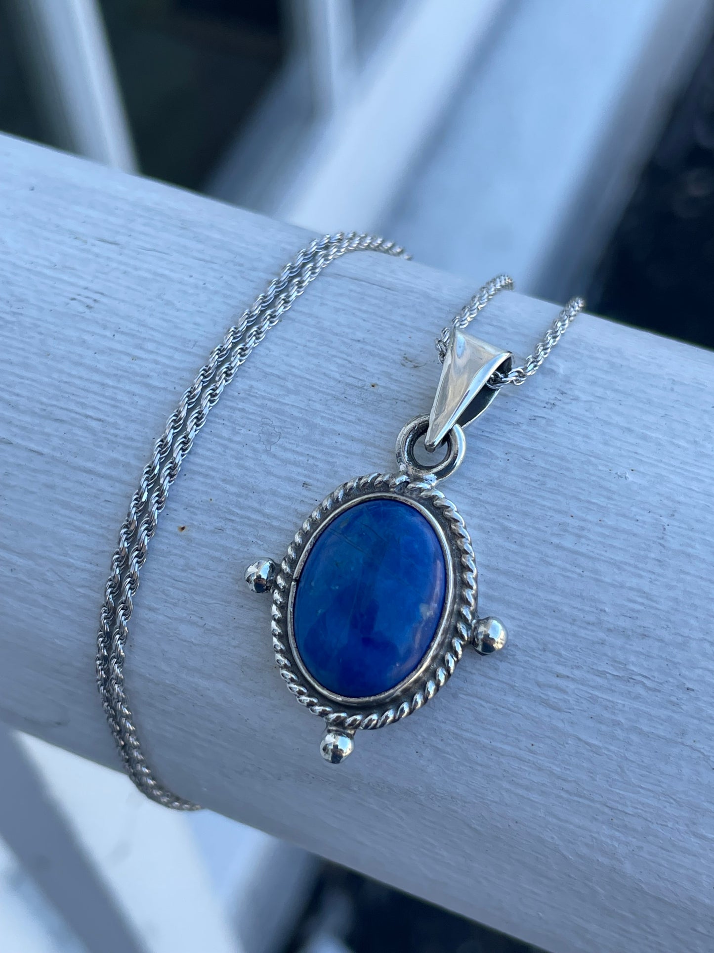 925 Sterling Silver Lapis Lazuli South American Necklace with 20” Rope Chain