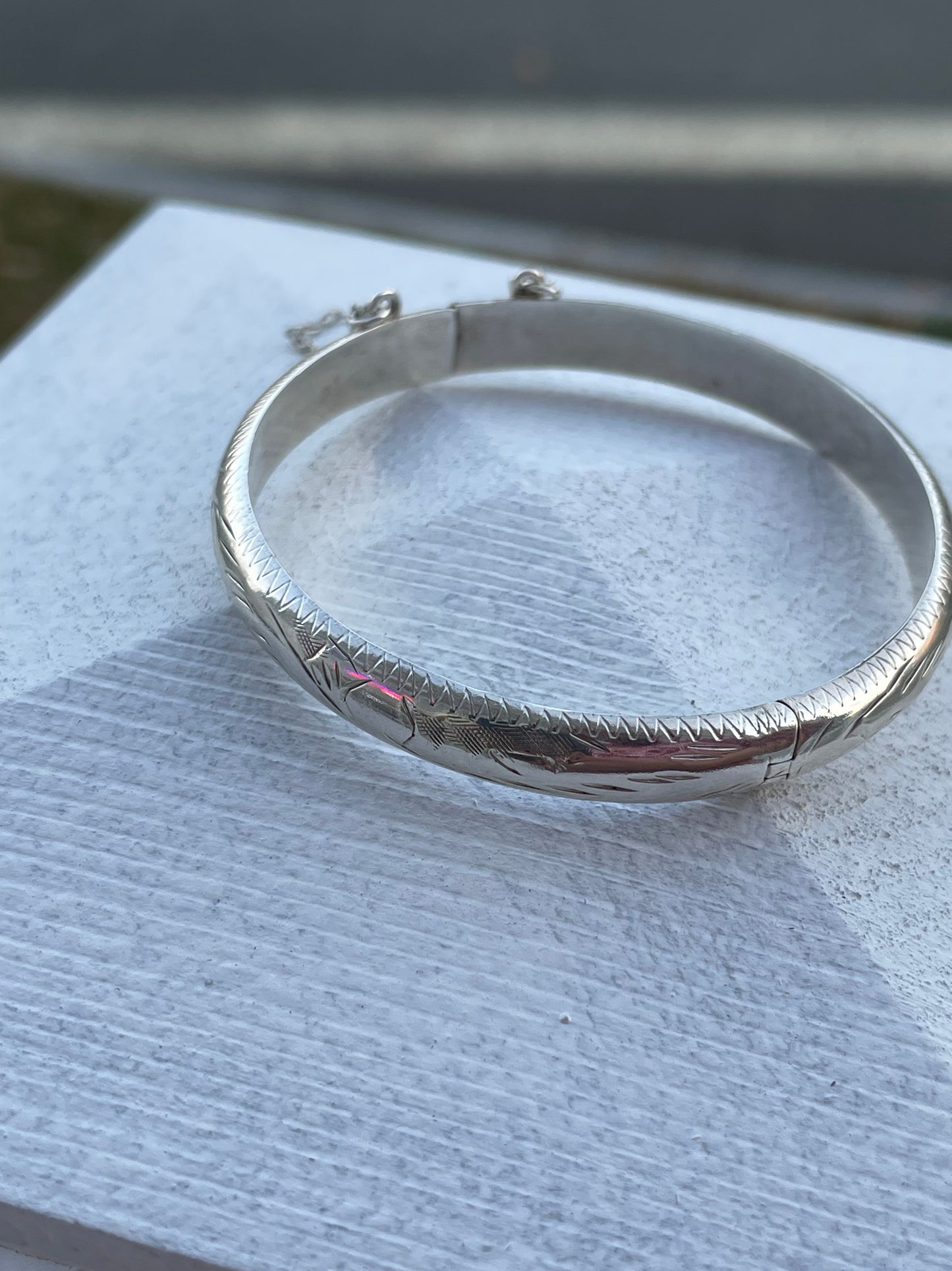 925 Sterling Silver 6.25” Etched Bangle Bracelet
