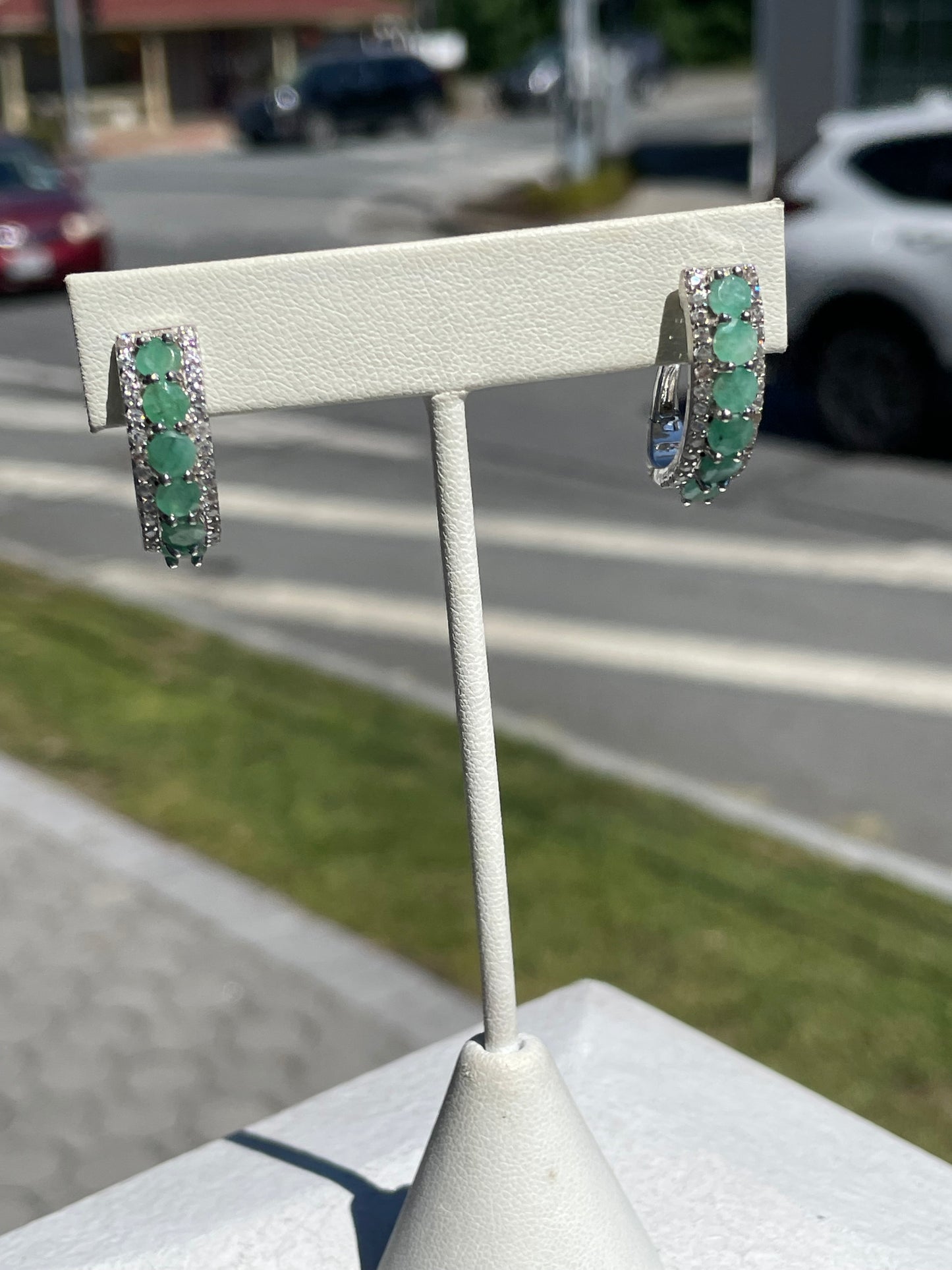 925 Sterling Silver Natural Emerald Hoop Earrings