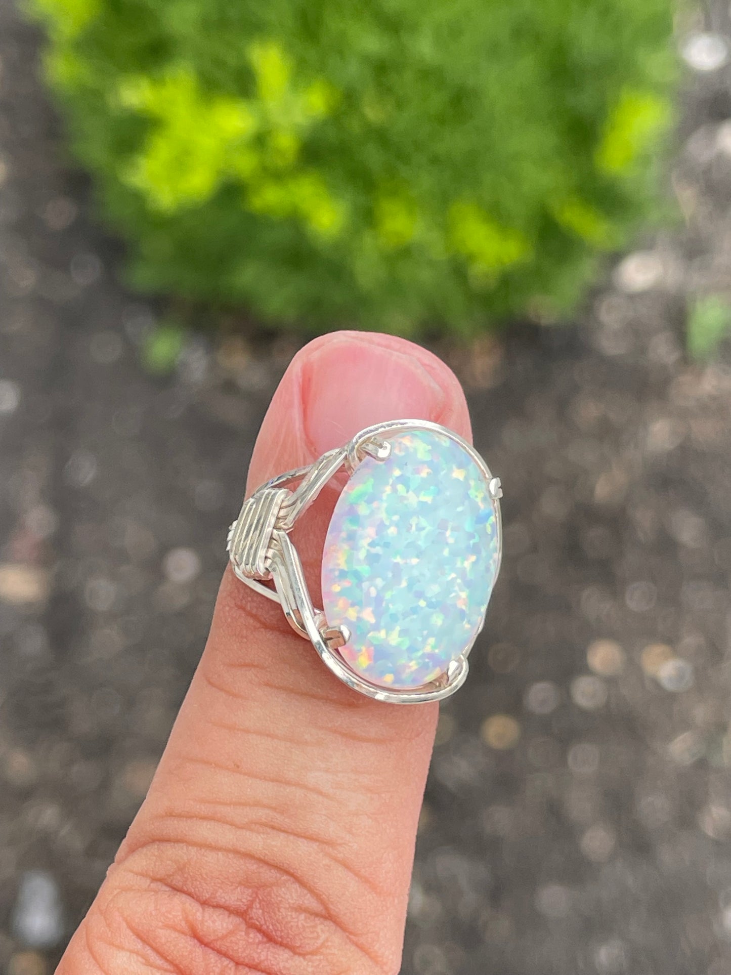 925 Sterling Silver Large Oval Opal Ring Size 5