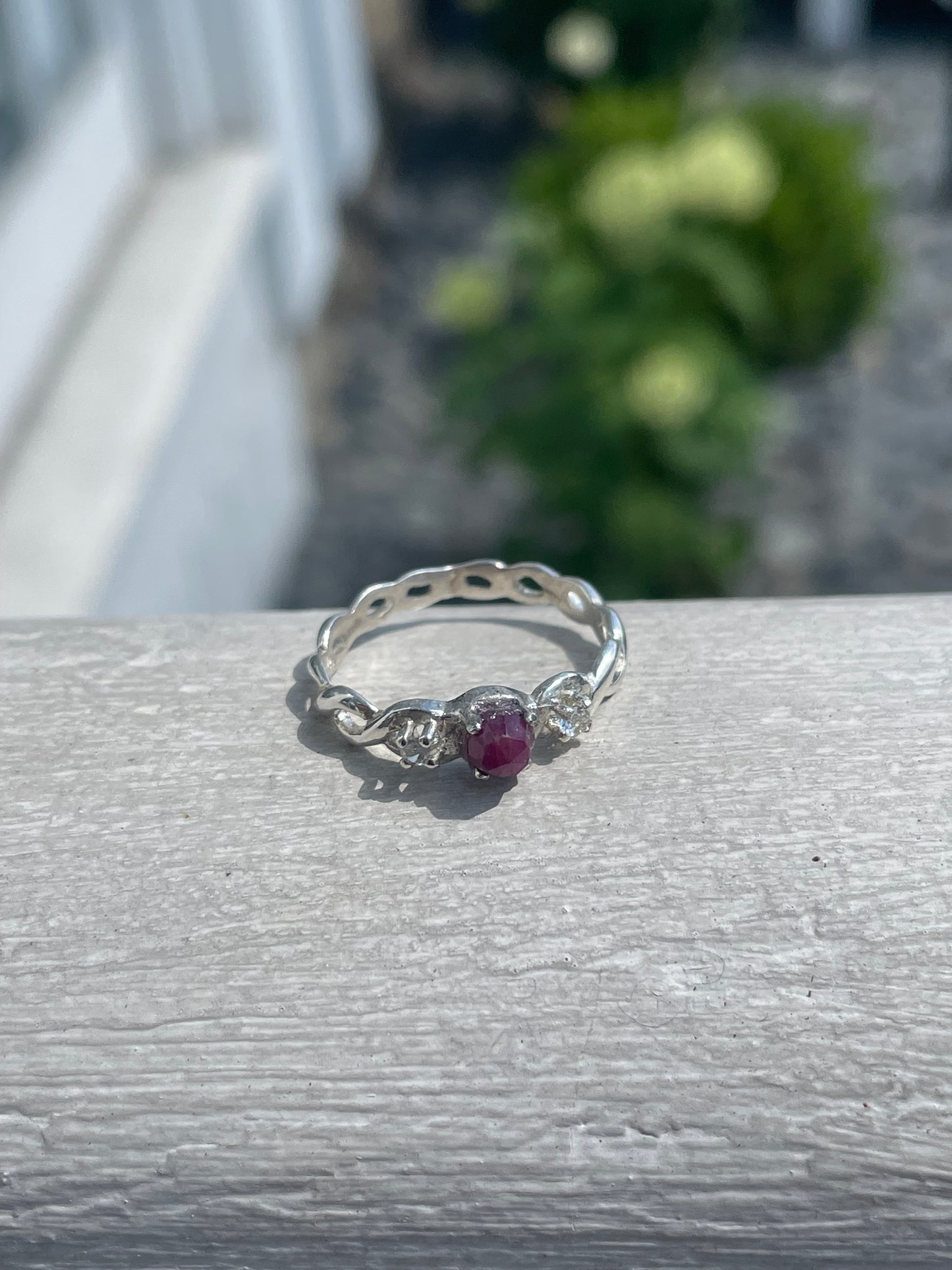 925 Sterling Silver Natural Ruby & Diamond Past Present Future Infinity Band Ring Size 7.5
