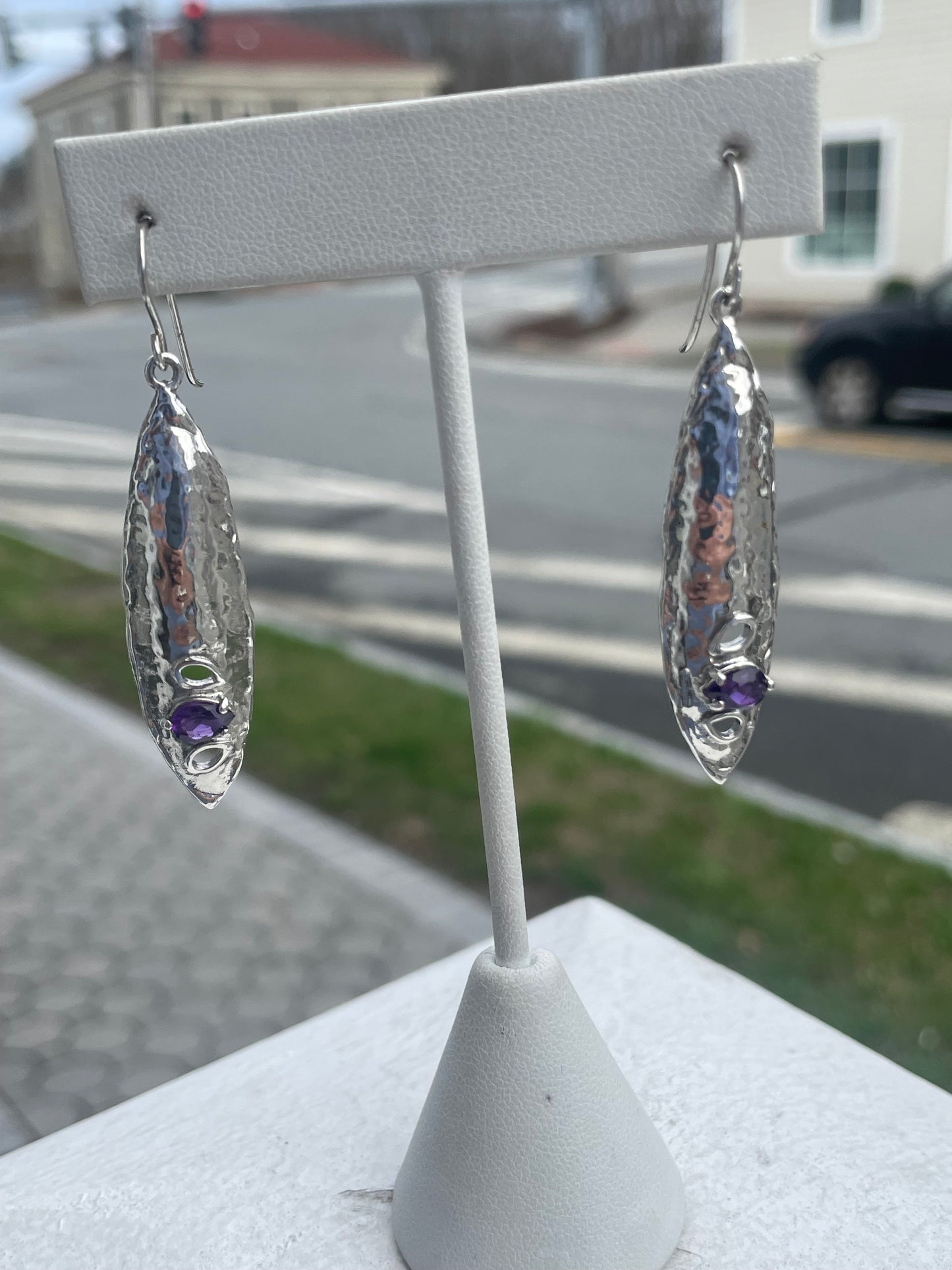 Designer Paz Israel 925 Sterling Silver Hammered Shield Amethyst Dangle Earrings