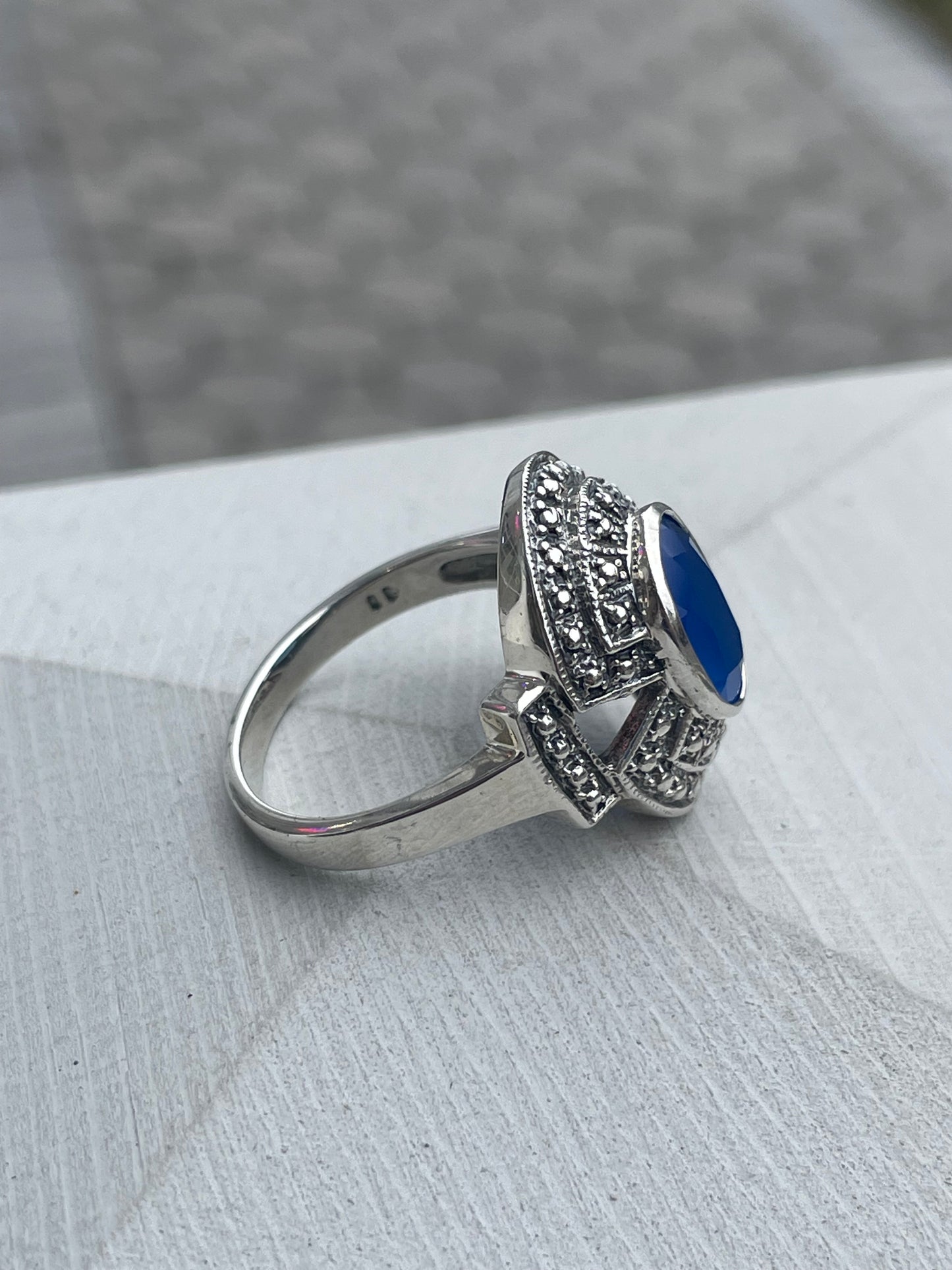 925 Sterling Silver Simulated Blue Chalcedony & Marcasite Shield Ring