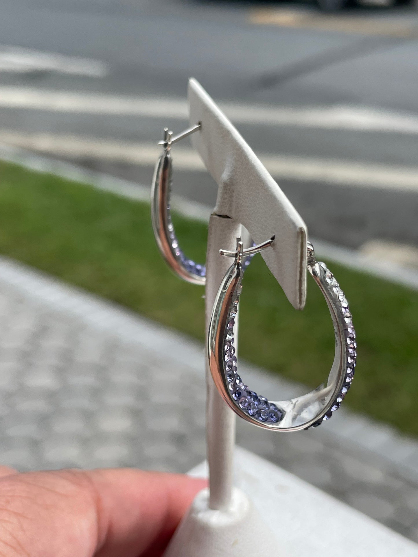 925 Sterling Silver Lavender to Clear Ombré Crystal Oblong Hoop Earrings