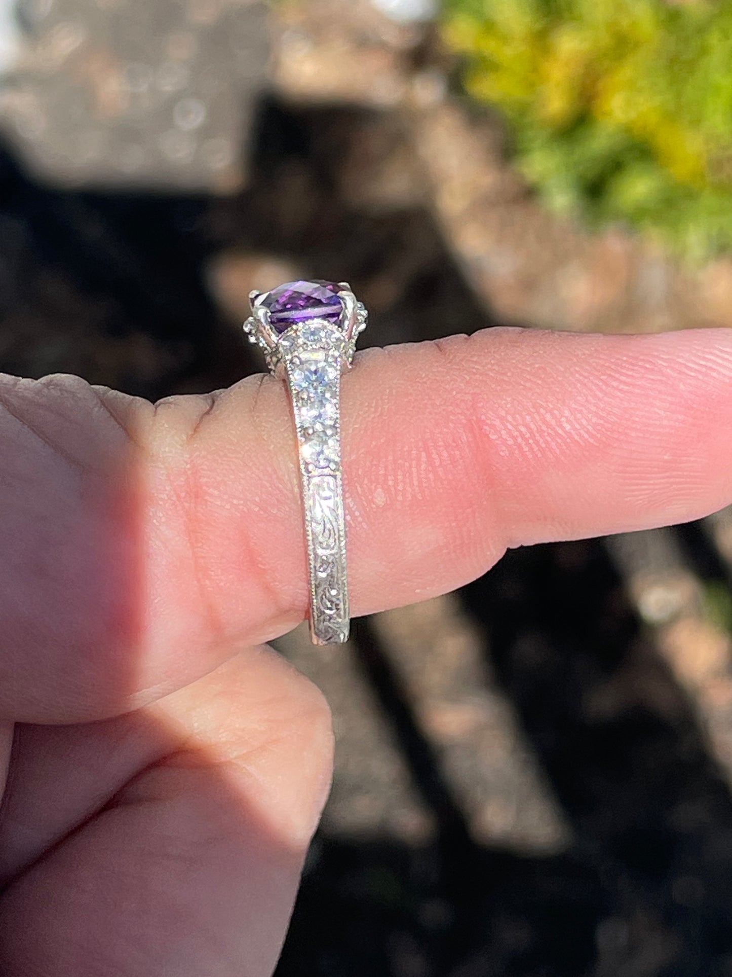 Designer Tacori 925 Sterling Silver Amethyst & Cz Fancy Etched Setting Ring Size 7.5