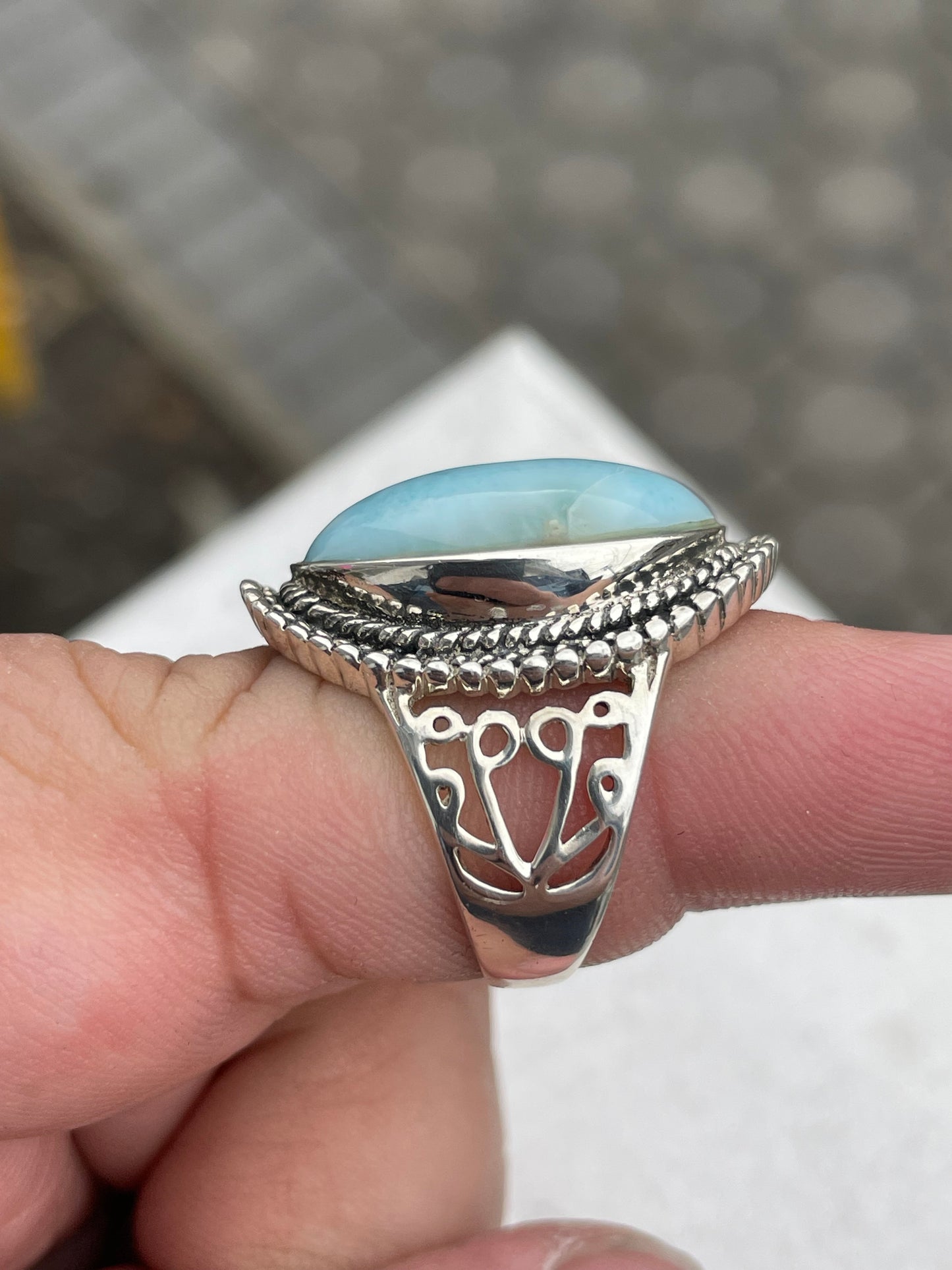 Designer CFJ Collins Fine Jewelry Curved Oval Natural Larimar 925 Sterling Silver Ring Size 7