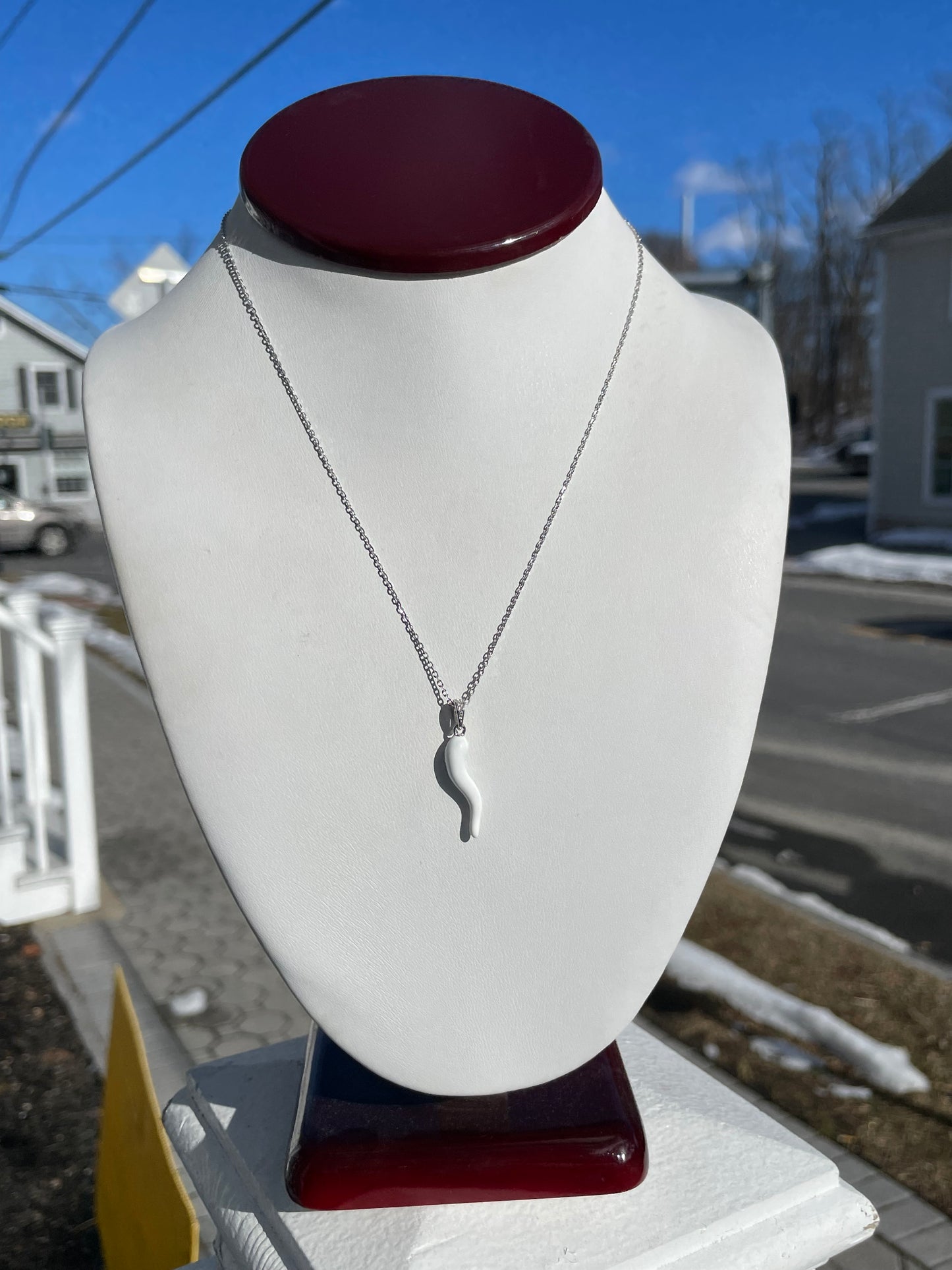 925 Sterling Silver White Enamel Italian Horn Necklace 16”-18”