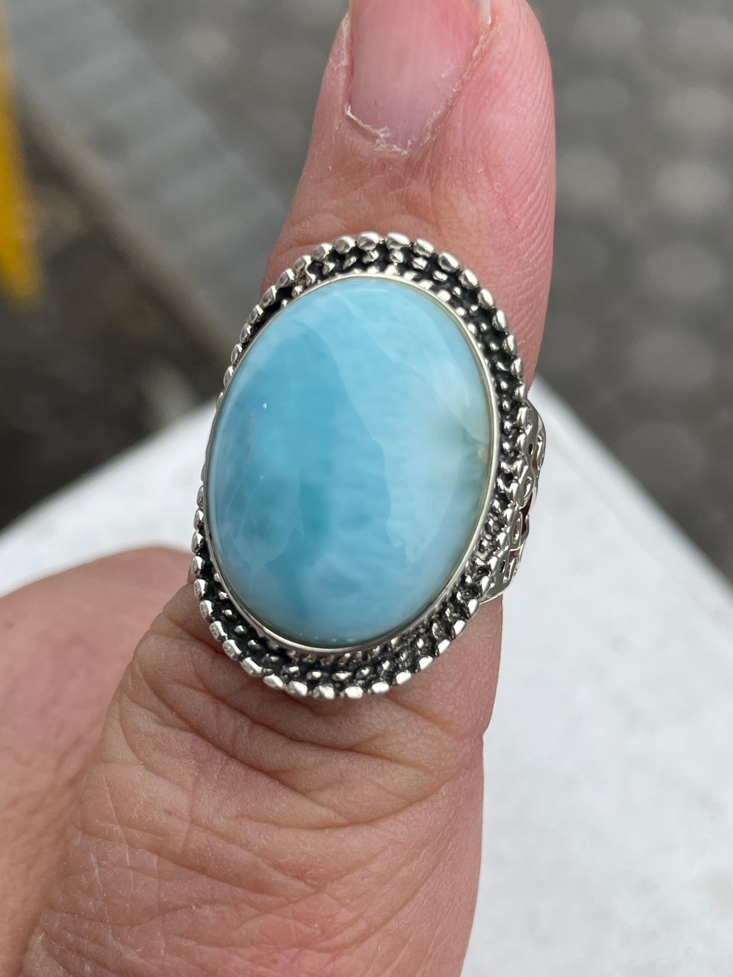 Designer CFJ Collins Fine Jewelry Curved Oval Natural Larimar 925 Sterling Silver Ring Size 7