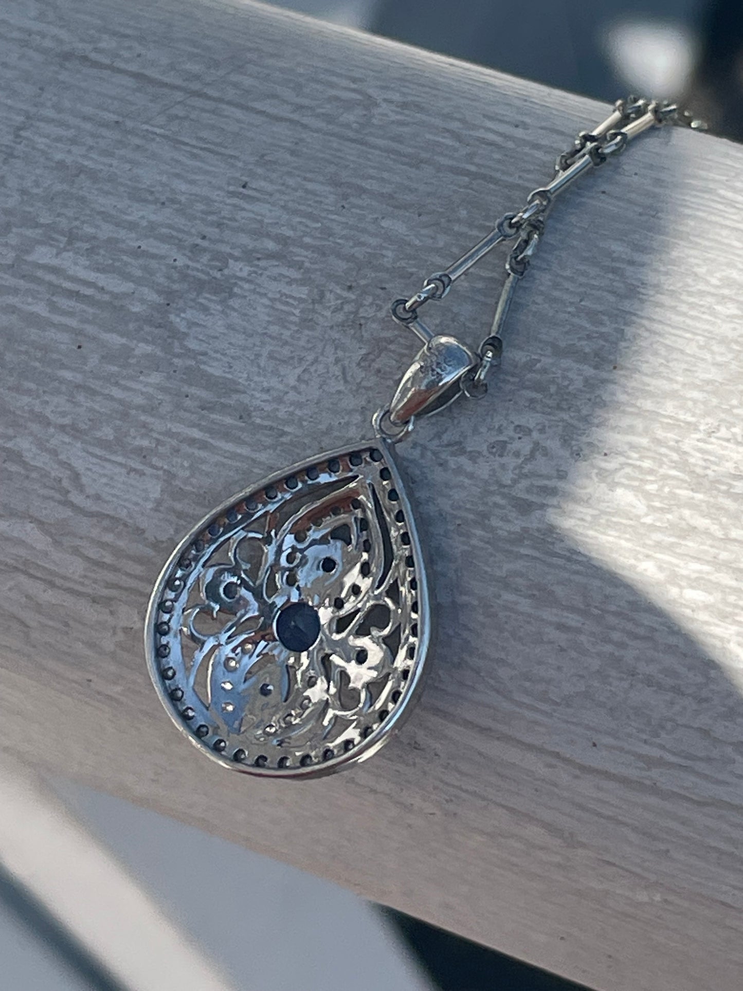 925 Sterling Silver Filigree Art Deco Necklace w/ Sapphire & White Topaz Stones