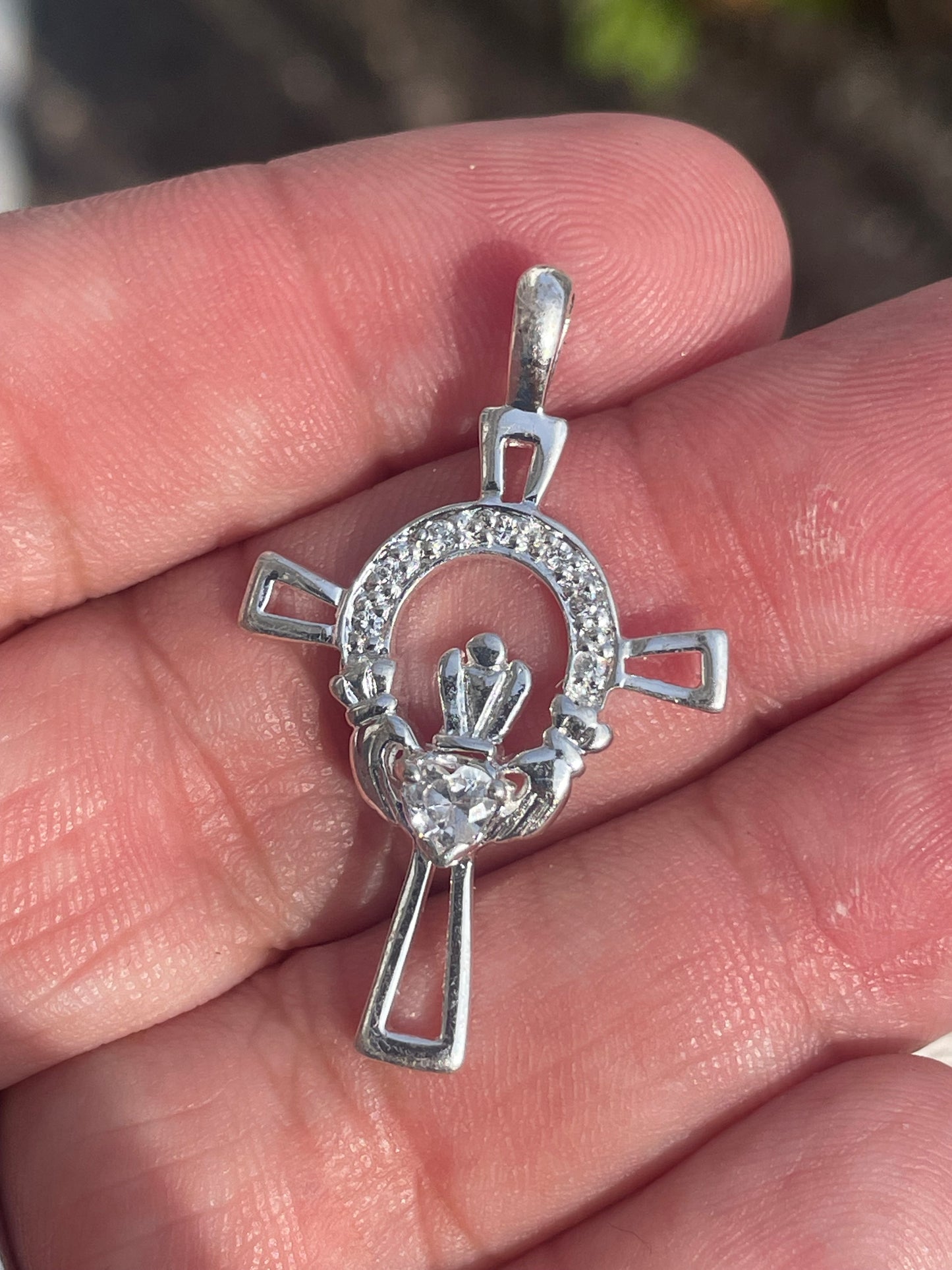 925 Sterling Silver Sparkling Irish Claddagh Celtic Cross Pendant