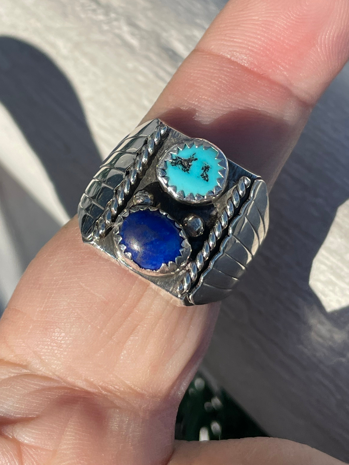 Designer DM 925 Sterling Silver Turquoise & Blue Lapis Double Stone Navajo Signet Ring Size 11.5