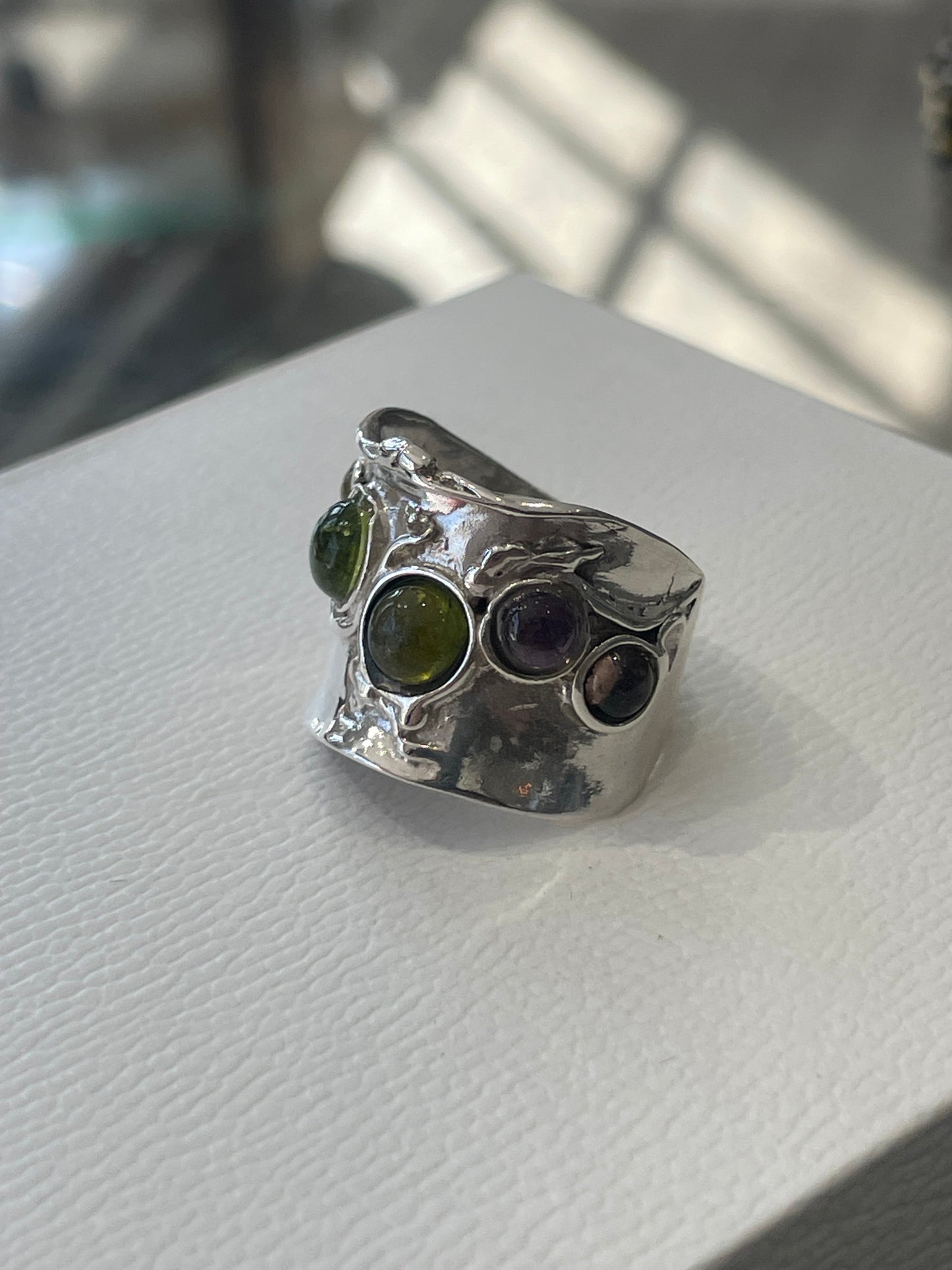 925 Sterling Silver Handmade Peridot & Amethyst Band Ring