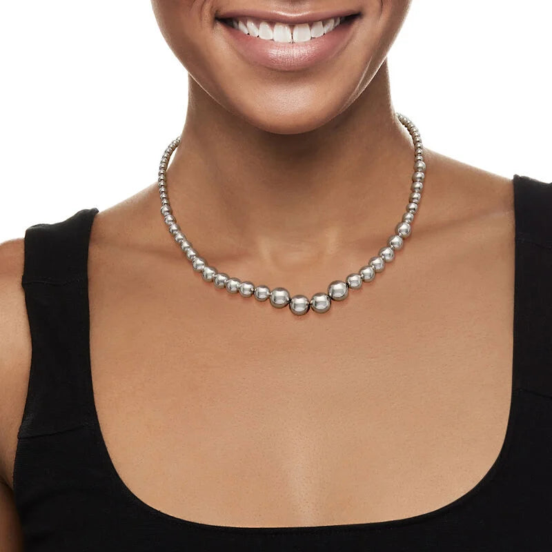 925 Sterling Silver Graduated Beaded Necklace 16”