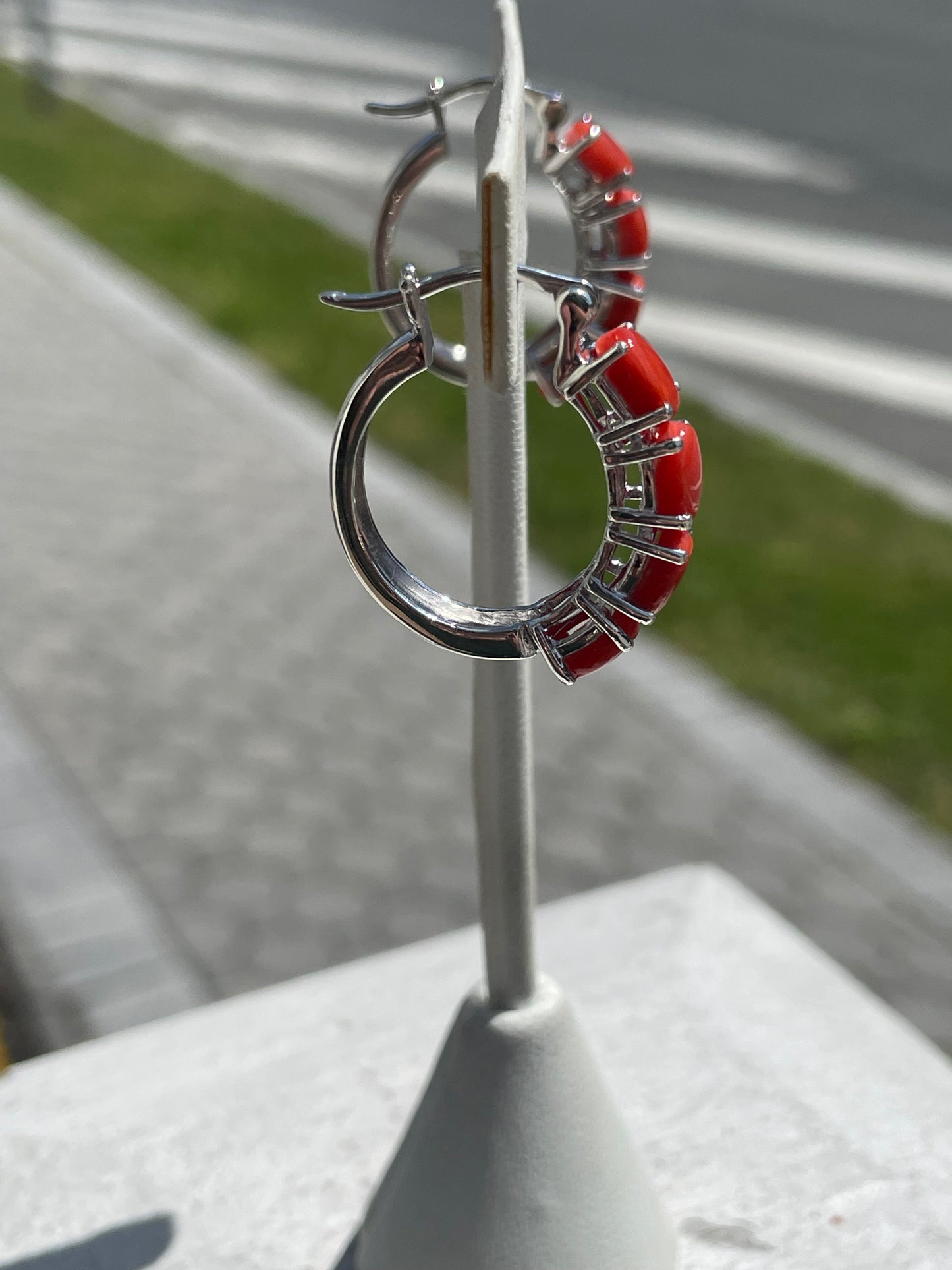 925 Sterling Silver Natural Coral Stone Oblong Hoop Earrings