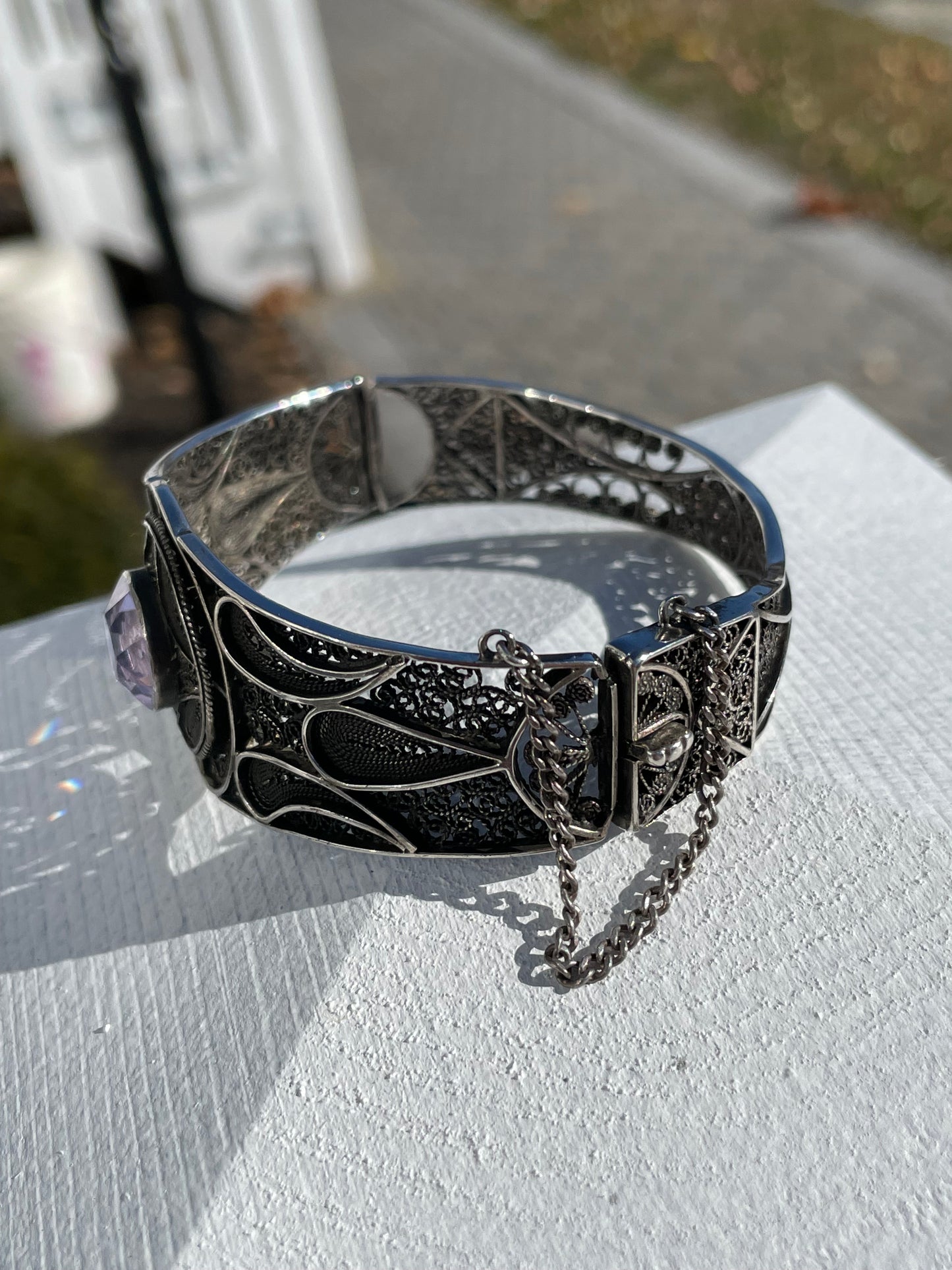 Vintage 925 Sterling Silver Lab Created Amethyst Wire Filigree Bracelet 7”
