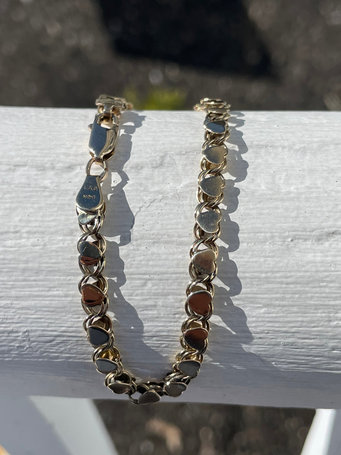 Solid 14k Gold Vintage Signet Heart Upon Heart Cobblestone Link Bracelet 8”