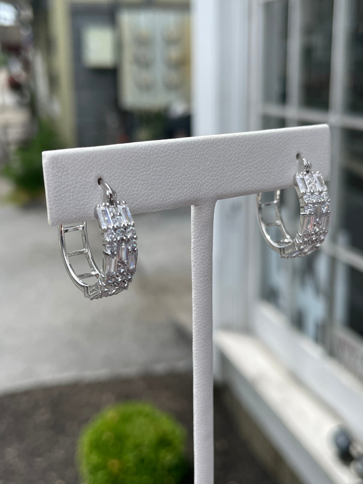 925 Sterling Silver Triple Row Sparkling Baguettes Zirconia Hoop Earrings