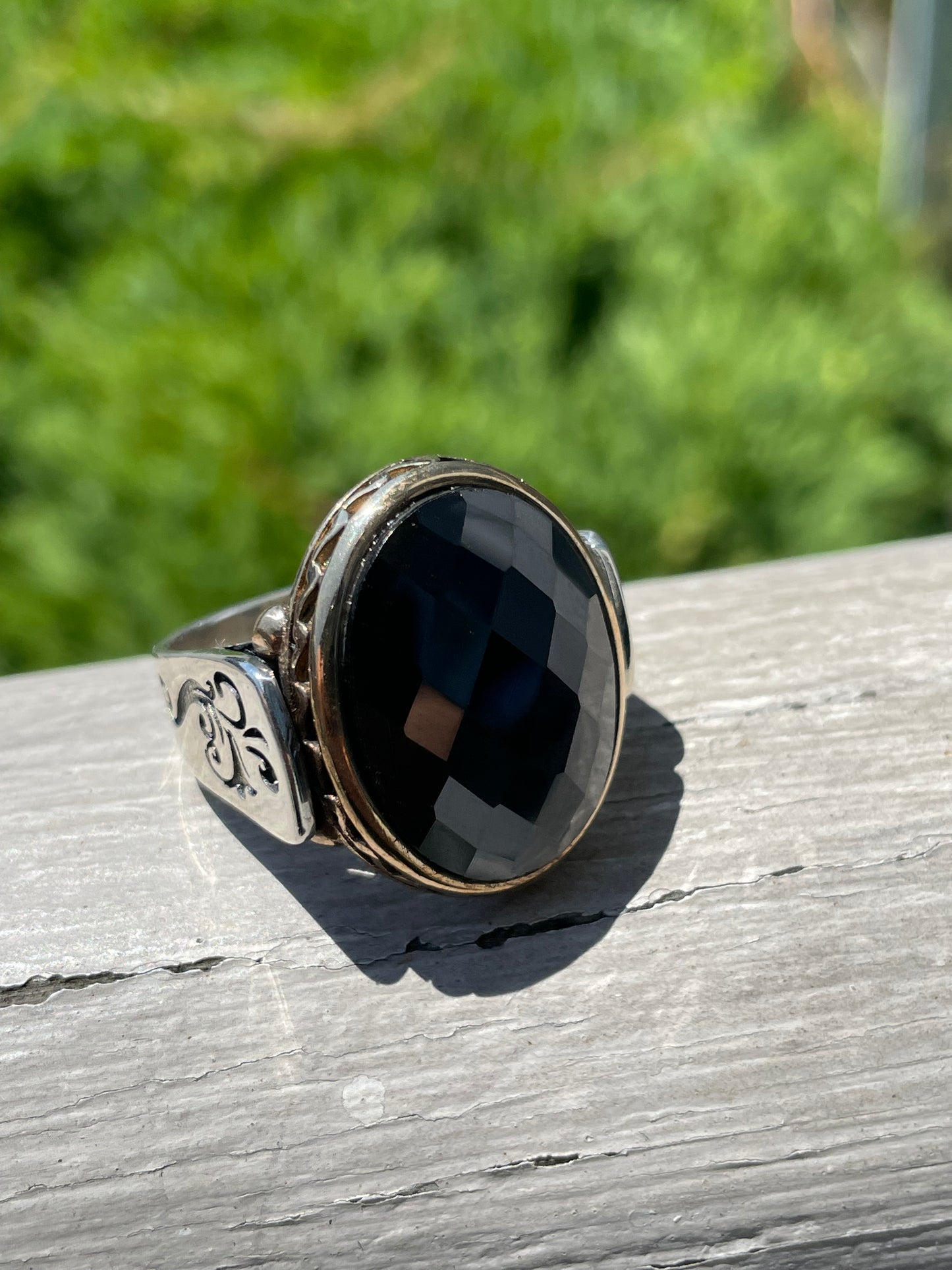 925 Sterling Silver & Yellow Brass Large Oval Hematite Ring