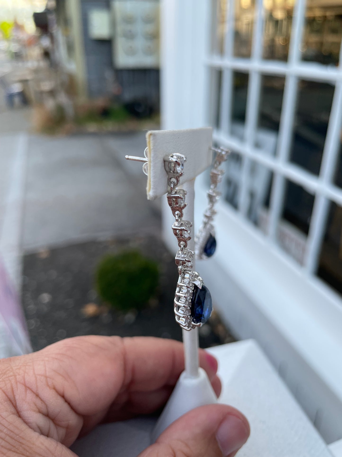 925 Sterling Silver Simulated Sapphire & Cz Chandelier Earrings