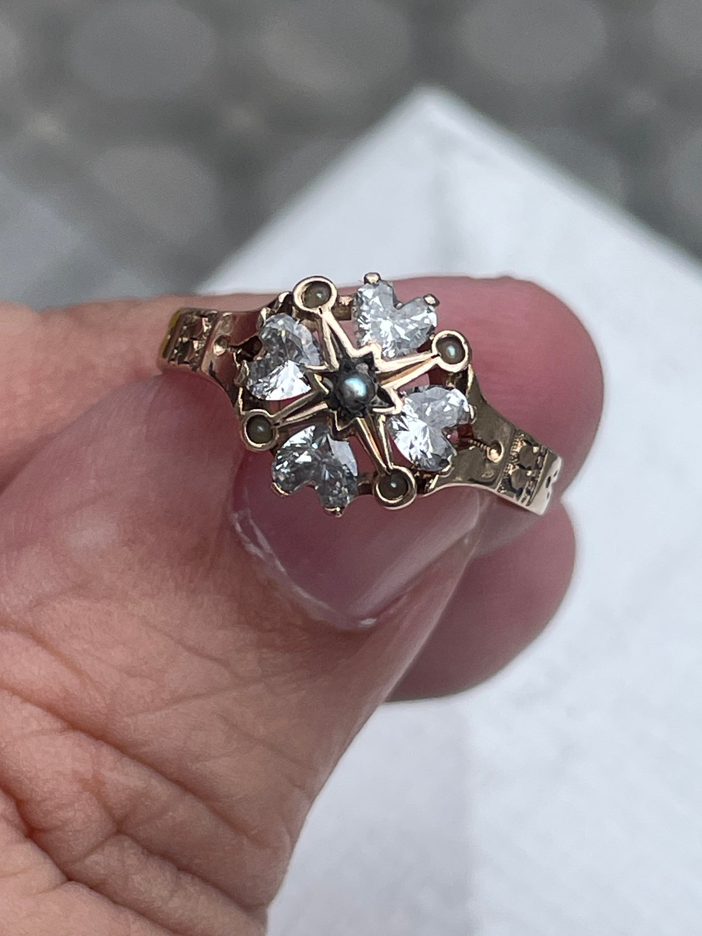 14k Rose Gold Antique Heart Cz & South Sea India Pearl Cluster Ring Size 7
