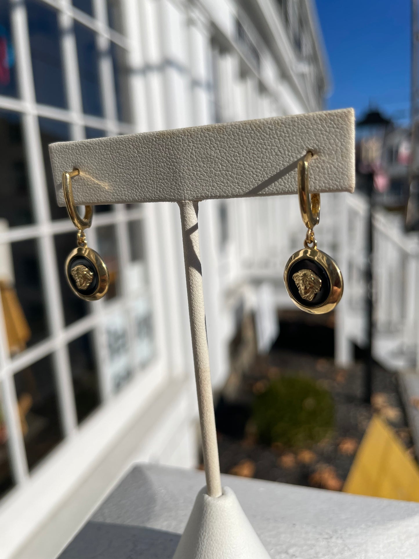14k Gold Versace Style Logo Black Onyx Dangle Earrings