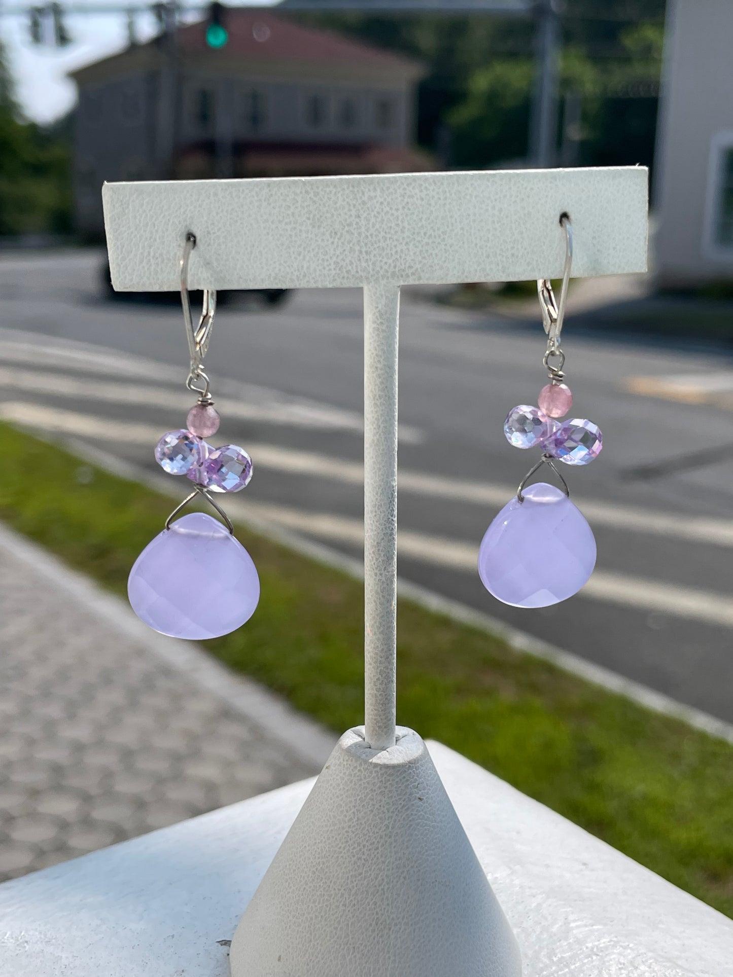 925 Sterling Silver Lavender Crystal Cluster Dangle Earrings