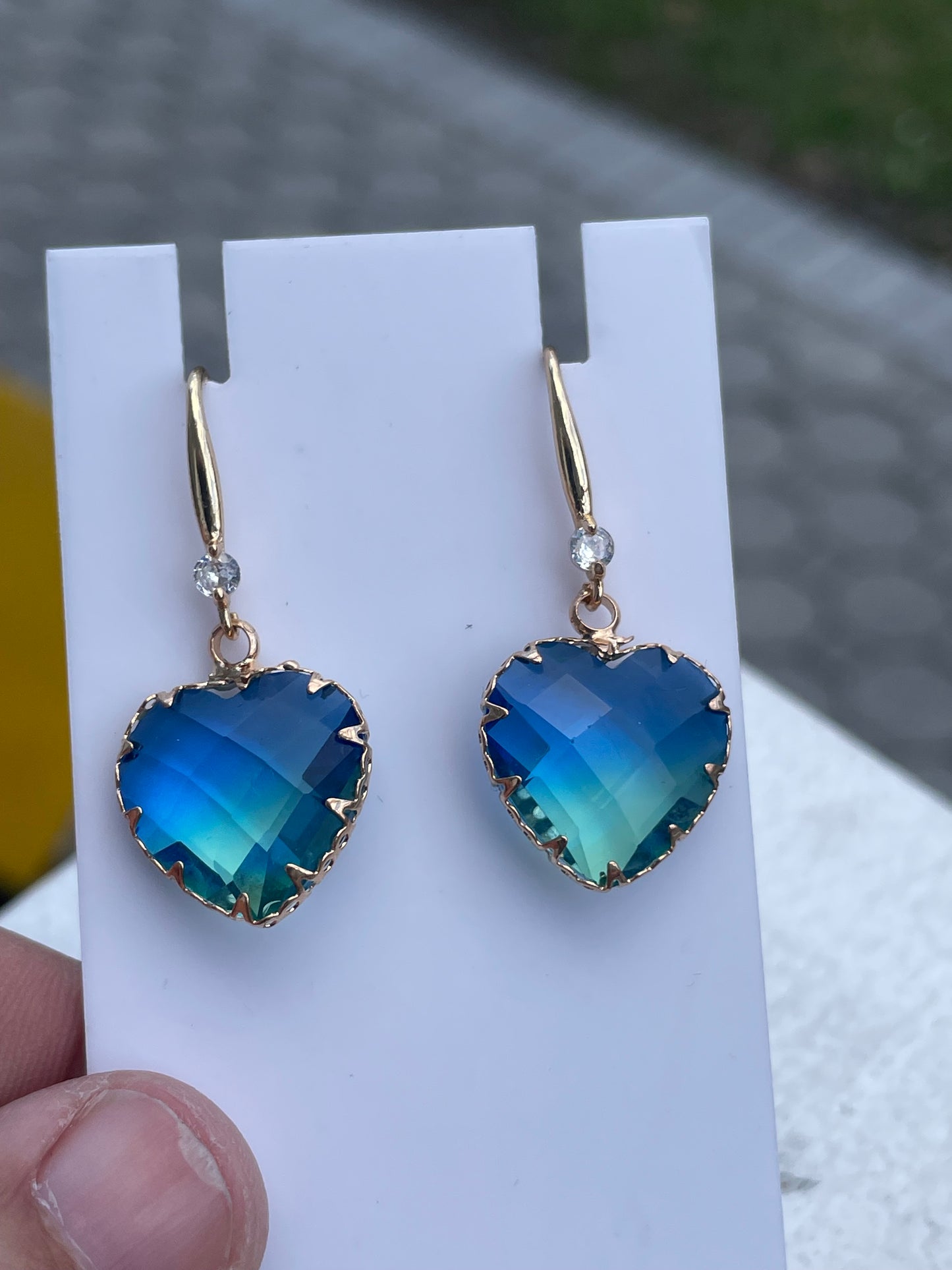 Gold Plated Heart Shape Bi-Color Quartz Stone Dangle Earrings