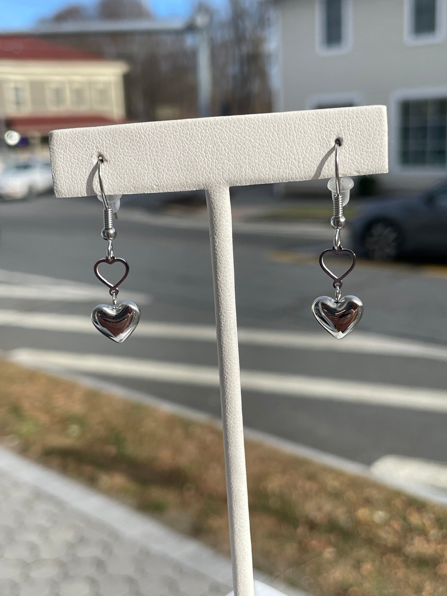 Stainless Steel Dangling Puff heart earrings