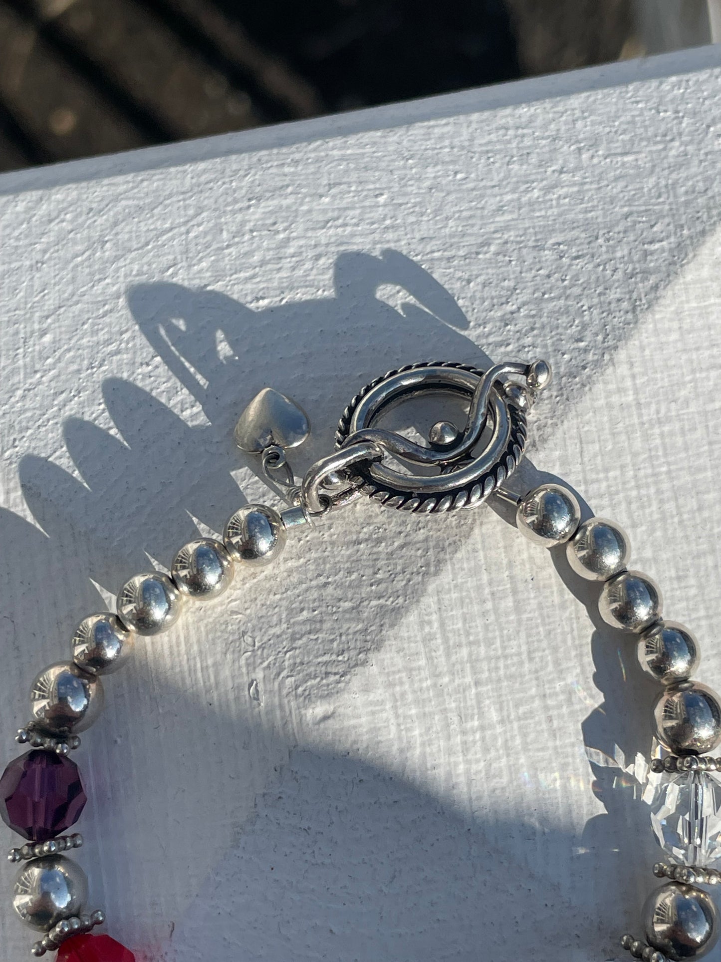 925 Sterling Silver Colored Crystal Beaded Bracelet 7.5”