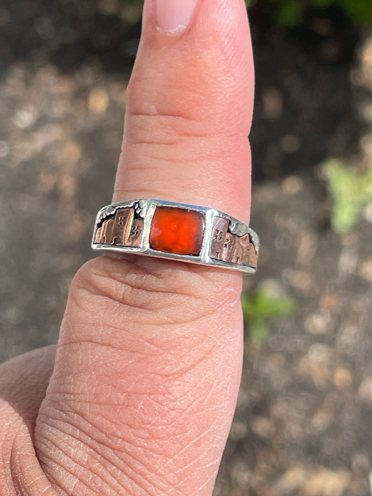 Designer WJ Waldeck Johnson 925 Sterling Silver & Copper Peru Village Carnelian Stone Ring Size 9