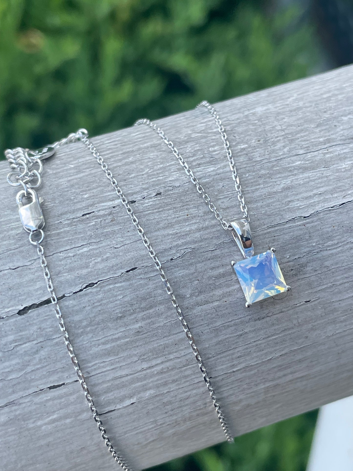 925 Sterling Silver 1.00 Clear Zirconia or Opalite Princess Cut Solitaire Necklace