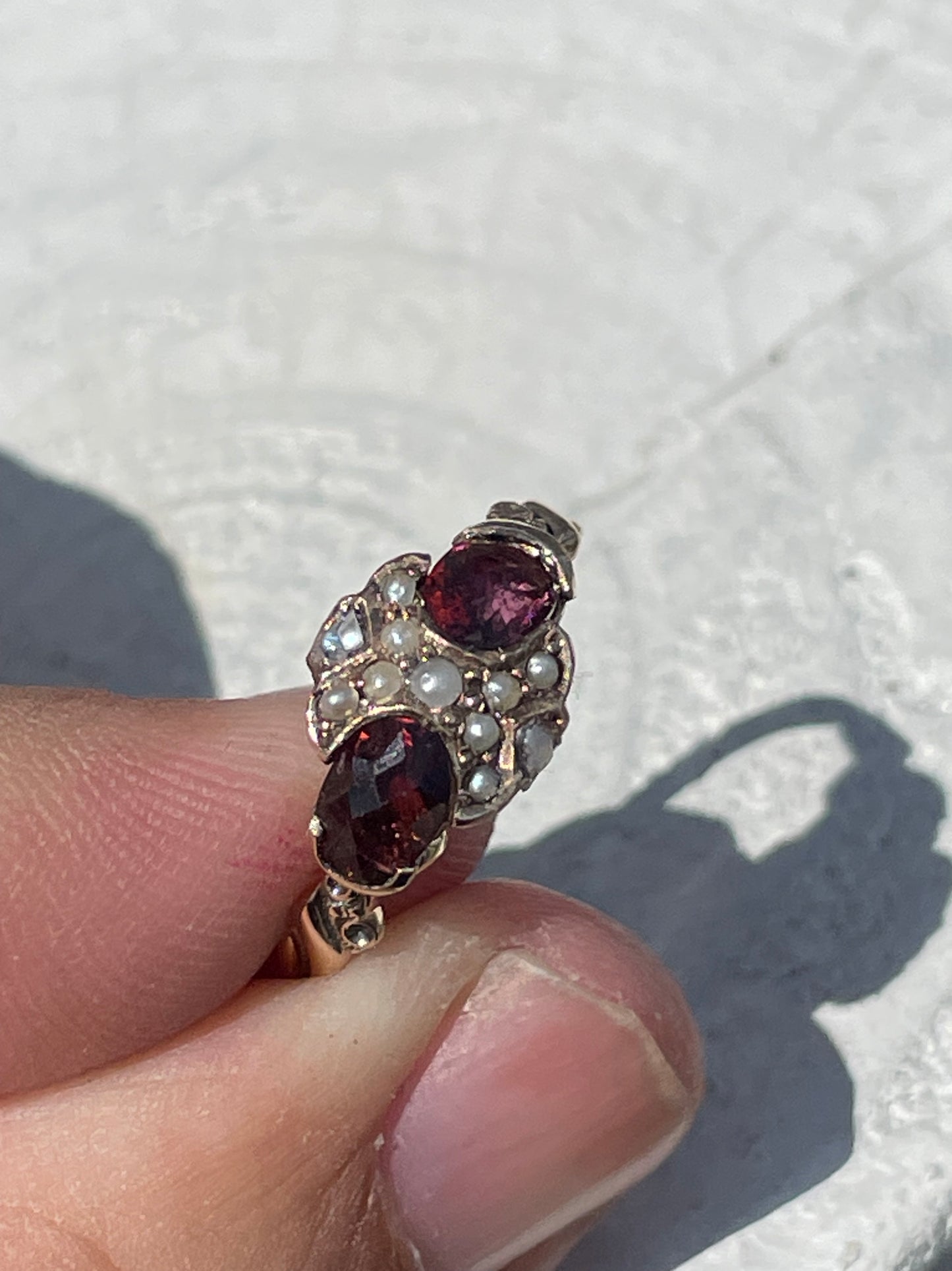 10k Gold Antique Rhodolite Garnet & Southwest India Pearl Cluster Ring