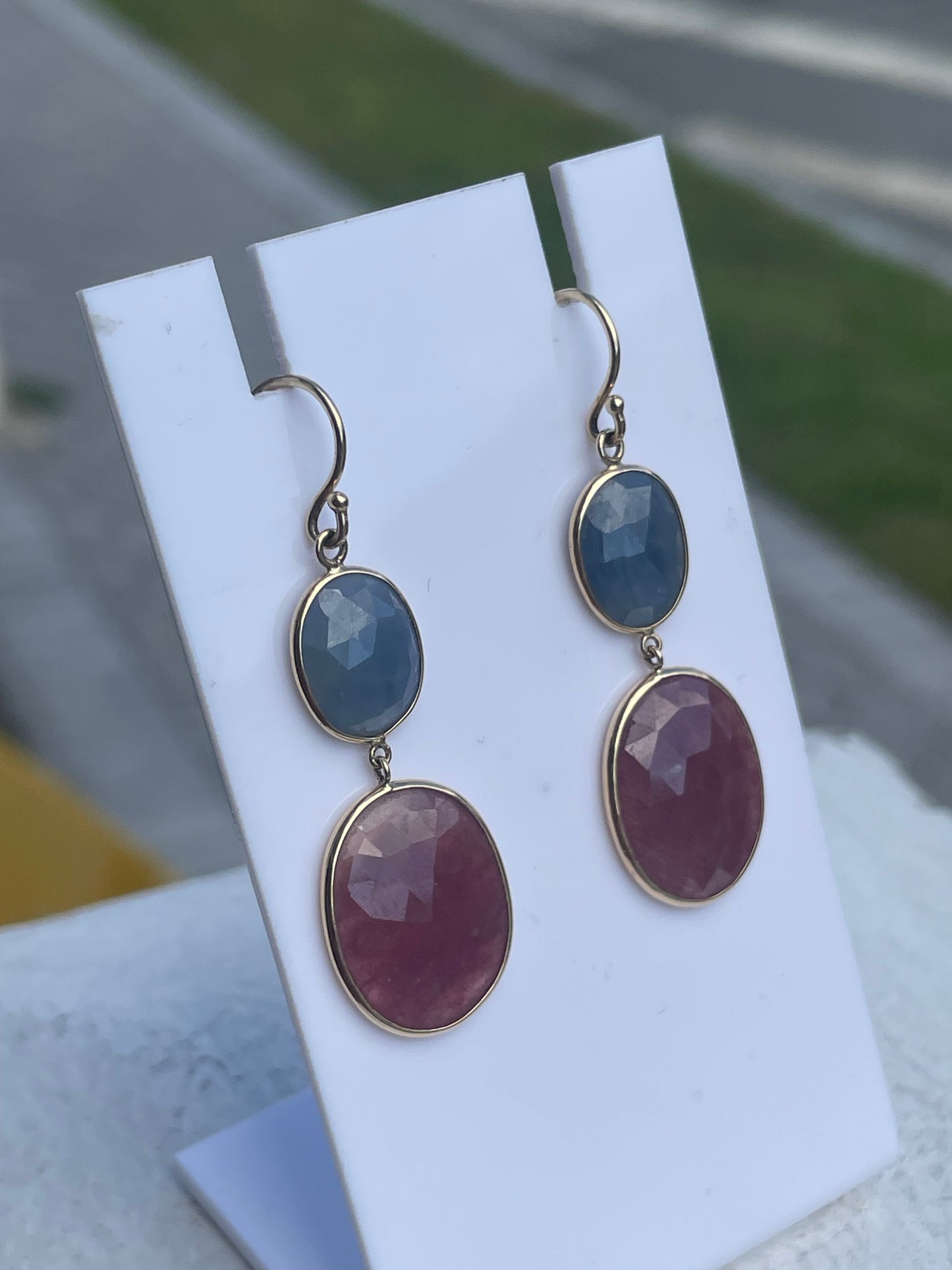 14k Gold Peach & Periwinkle Blue Agate Dangle Earrings