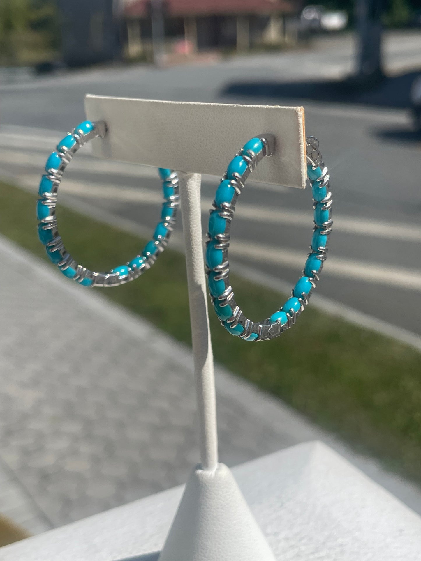Designer JCL 925 Sterling Silver Turquoise Stone Hoop Earrings