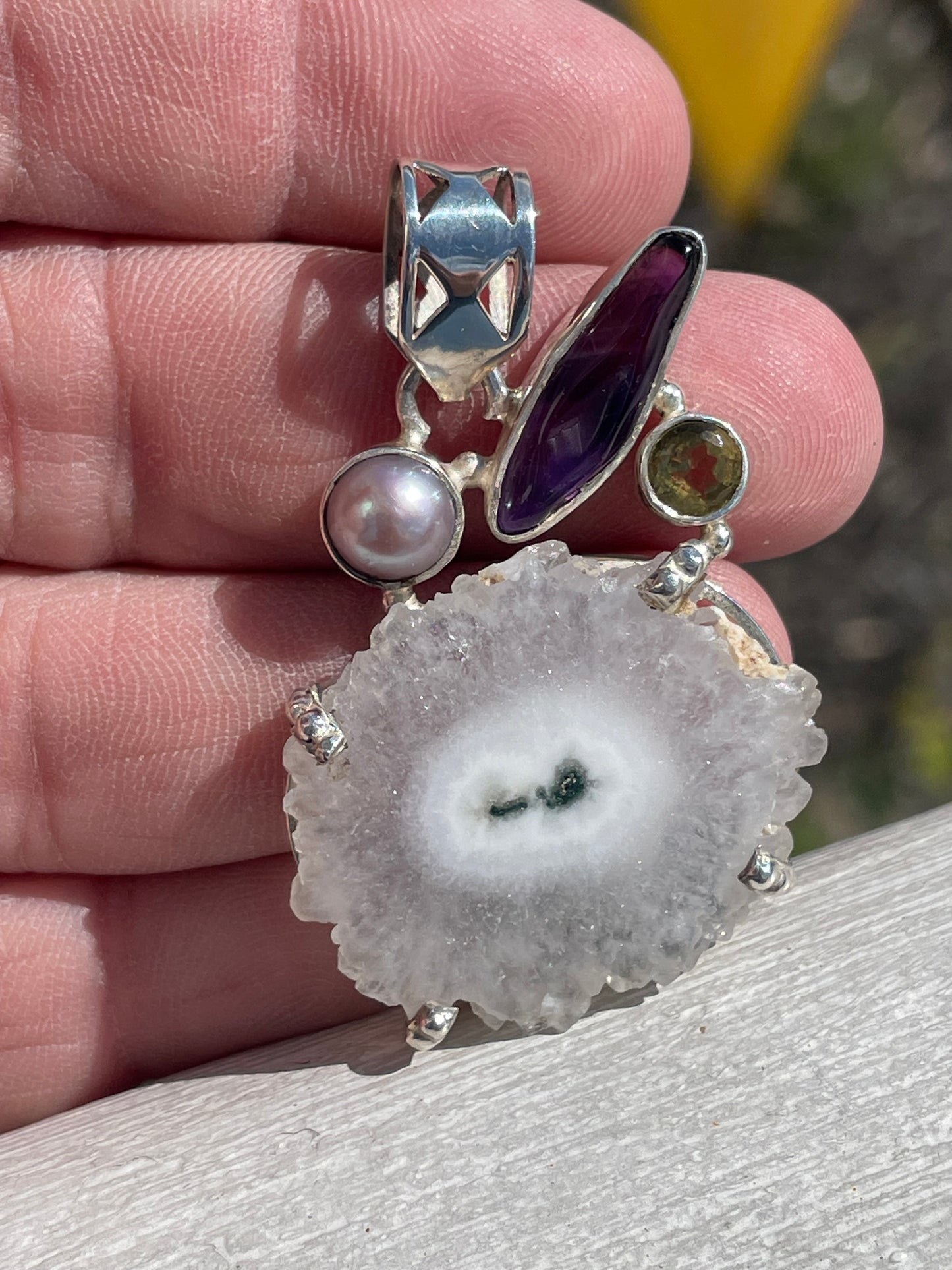 Handmade 925 Sterling Silver Stalactite, Pearl, Amethyst & Citrine Pendant (U36)