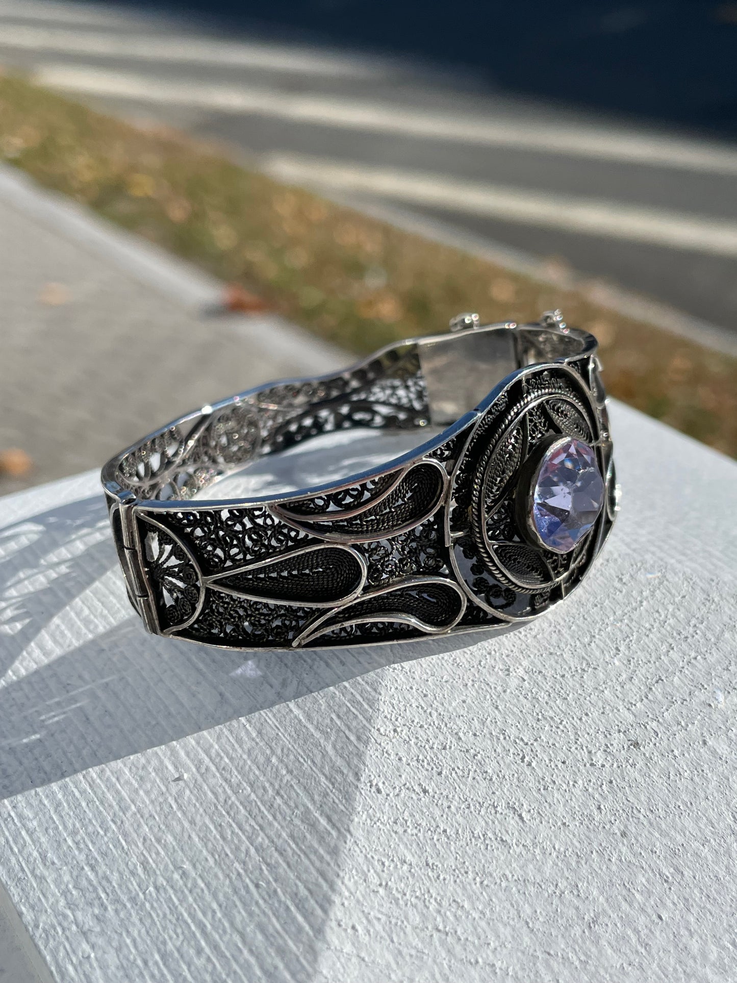 Vintage 925 Sterling Silver Lab Created Amethyst Wire Filigree Bracelet 7”