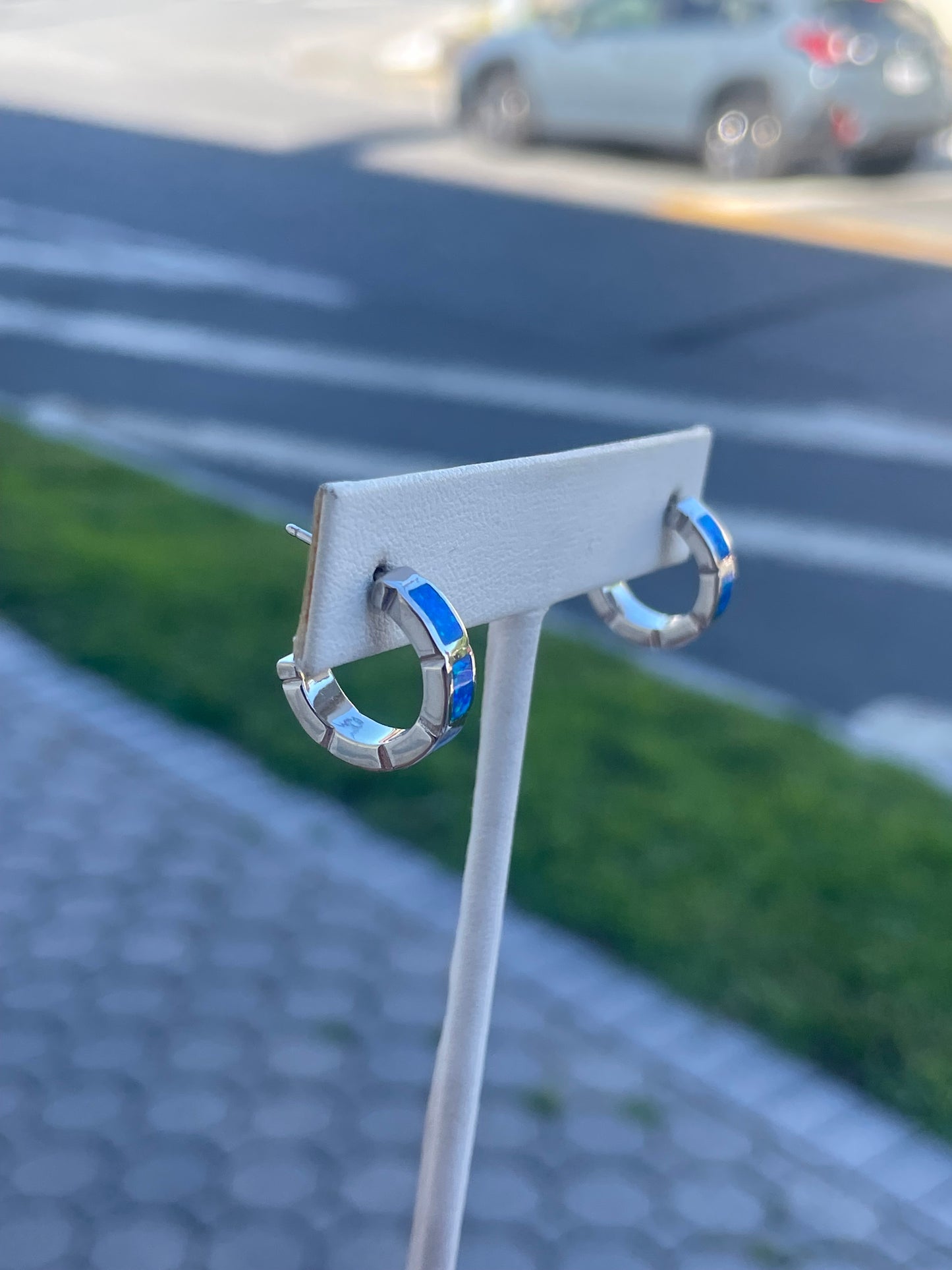 925 Sterling Silver Blue Opal Hoop Earrings