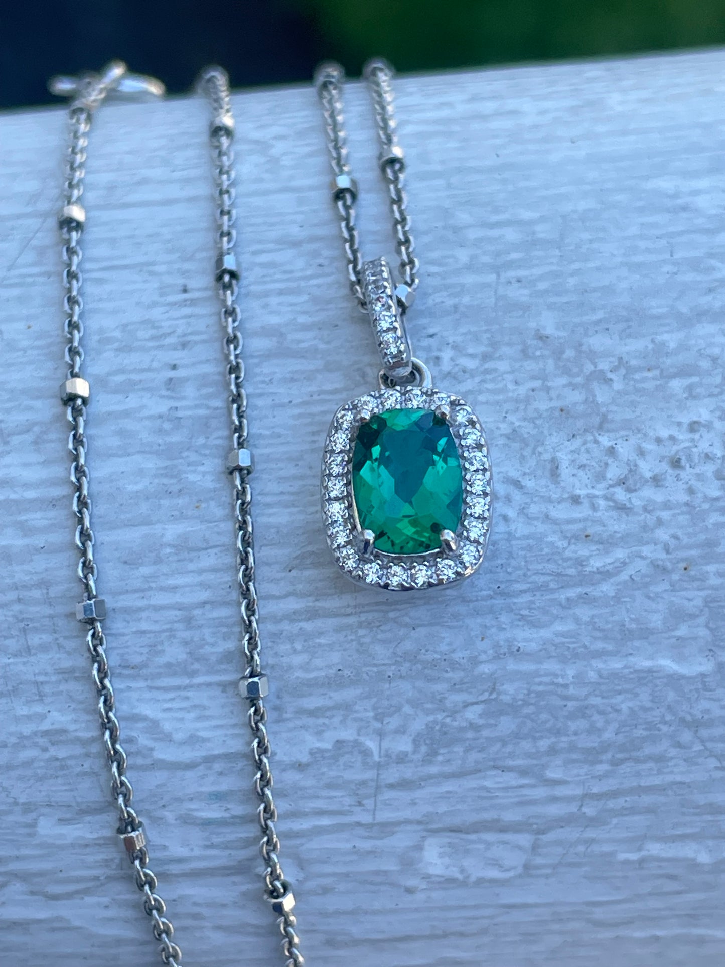 925 Sterling Silver Petite Simulated Emerald & Cz 18” Necklace