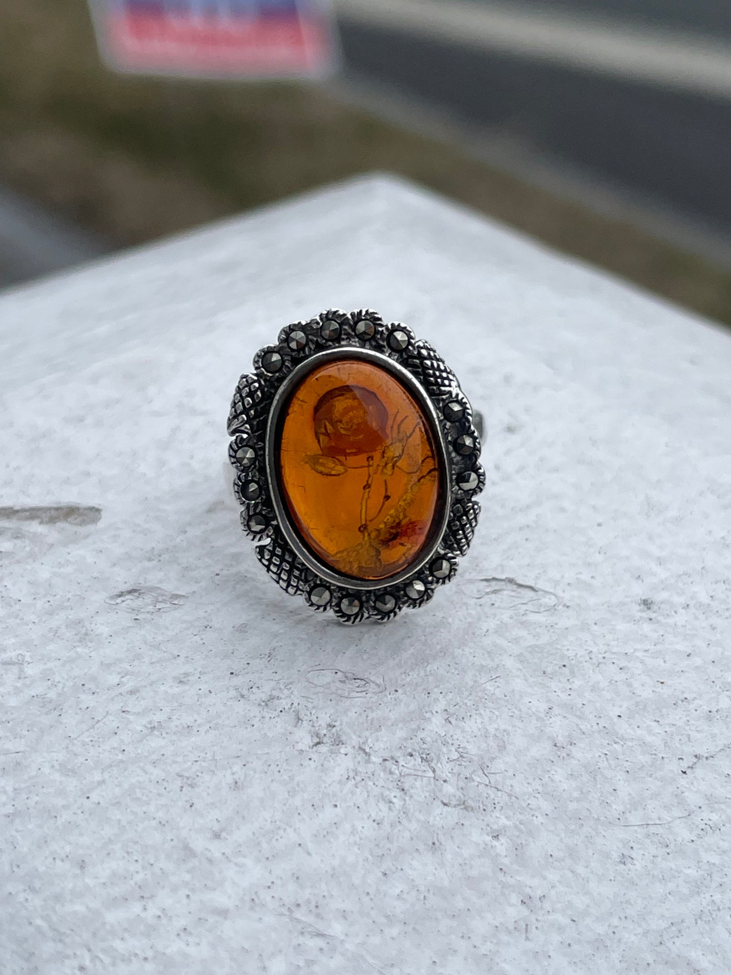 925 Sterling Silver Simulated Amber & Marcasite Flower Etched Signet Ring Size 5.75