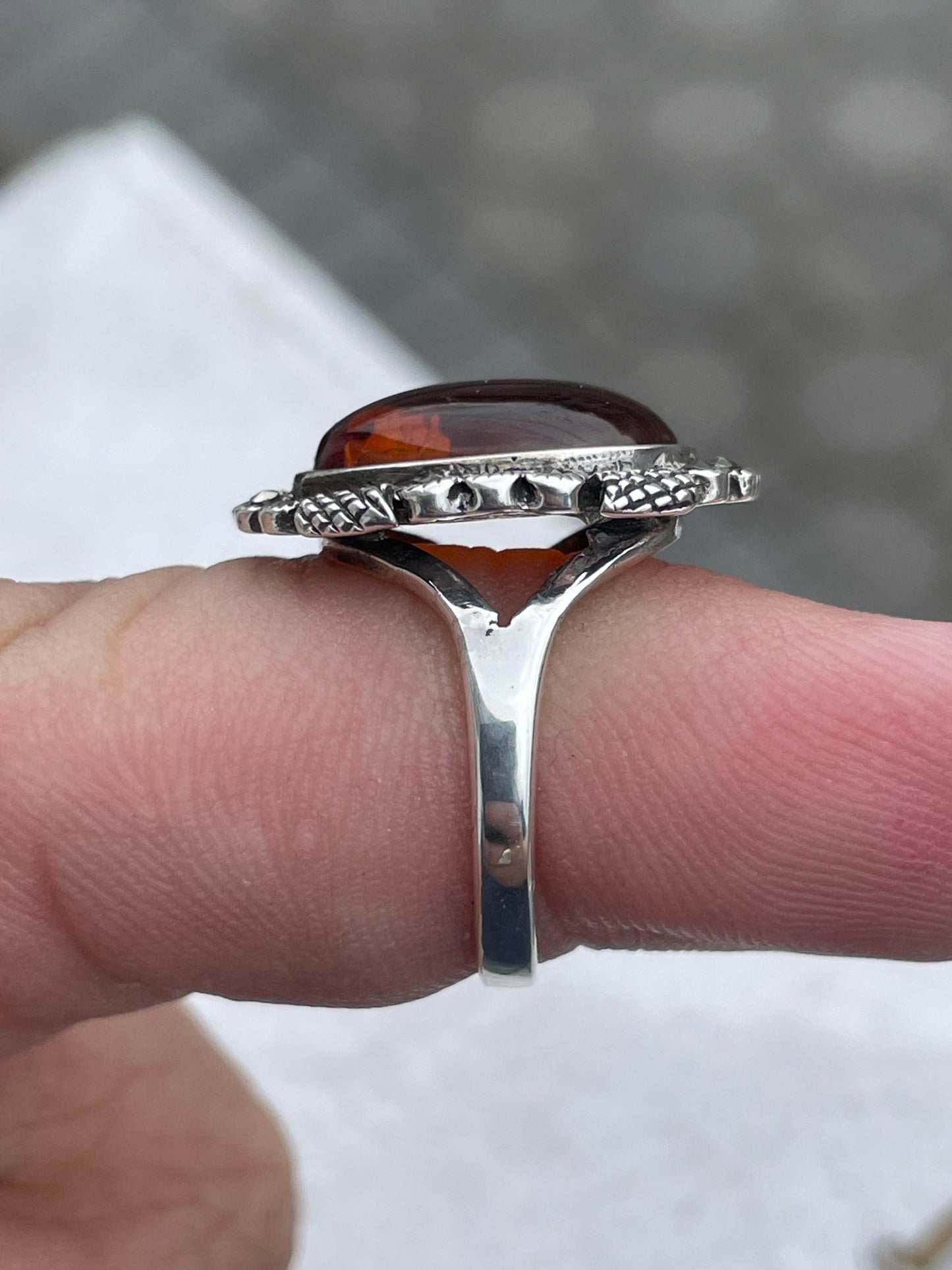 925 Sterling Silver Simulated Amber & Marcasite Flower Etched Signet Ring Size 5.75