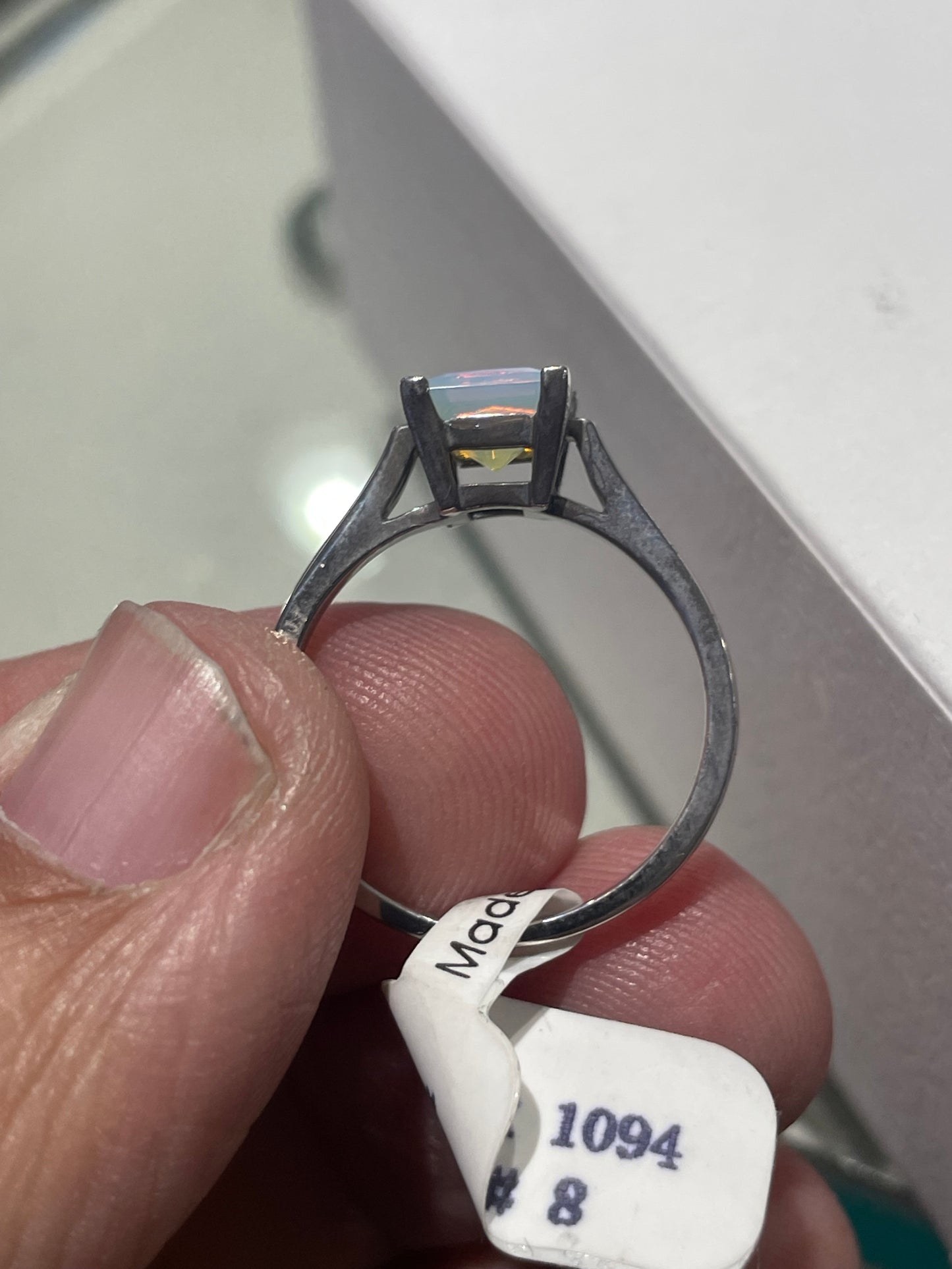 925 Sterling Silver Milky White Princess Cut AB Crystal Solitaire Ring Size 8