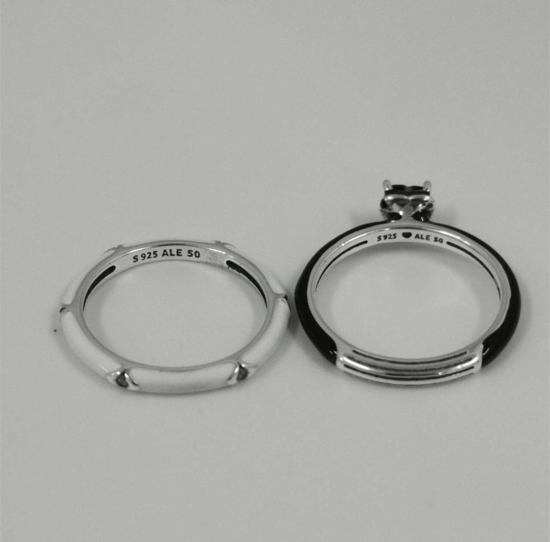 Pandora 2pc White & Black Enamel Rings with Heart Shape Black Cz
