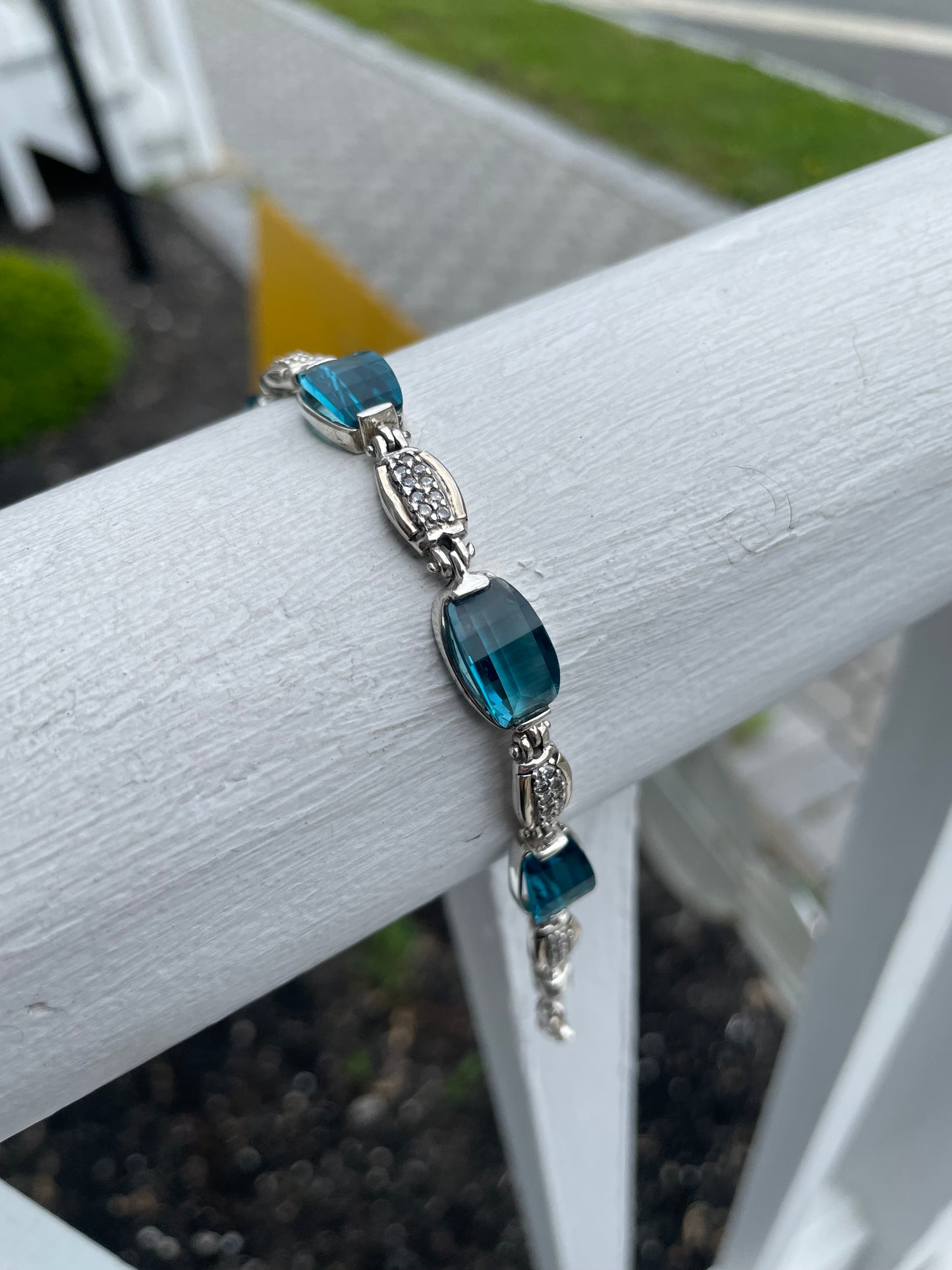 925 Sterling Silver Prussian London Blue Topaz & Zirconia Tennis Bracelet 7.5”