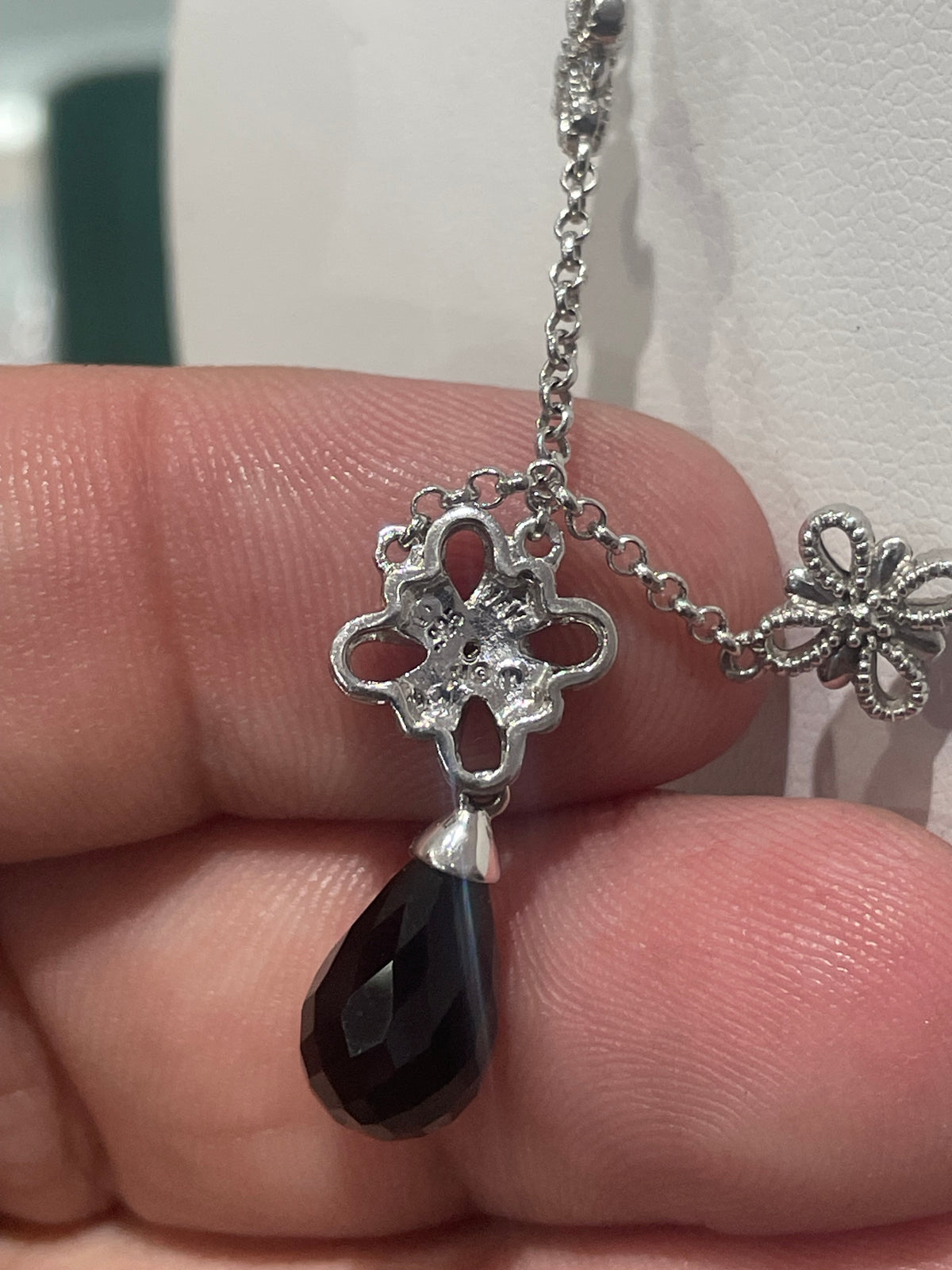 925 & 14k Onyx Drop Two Tone Flower Station Necklace 16”