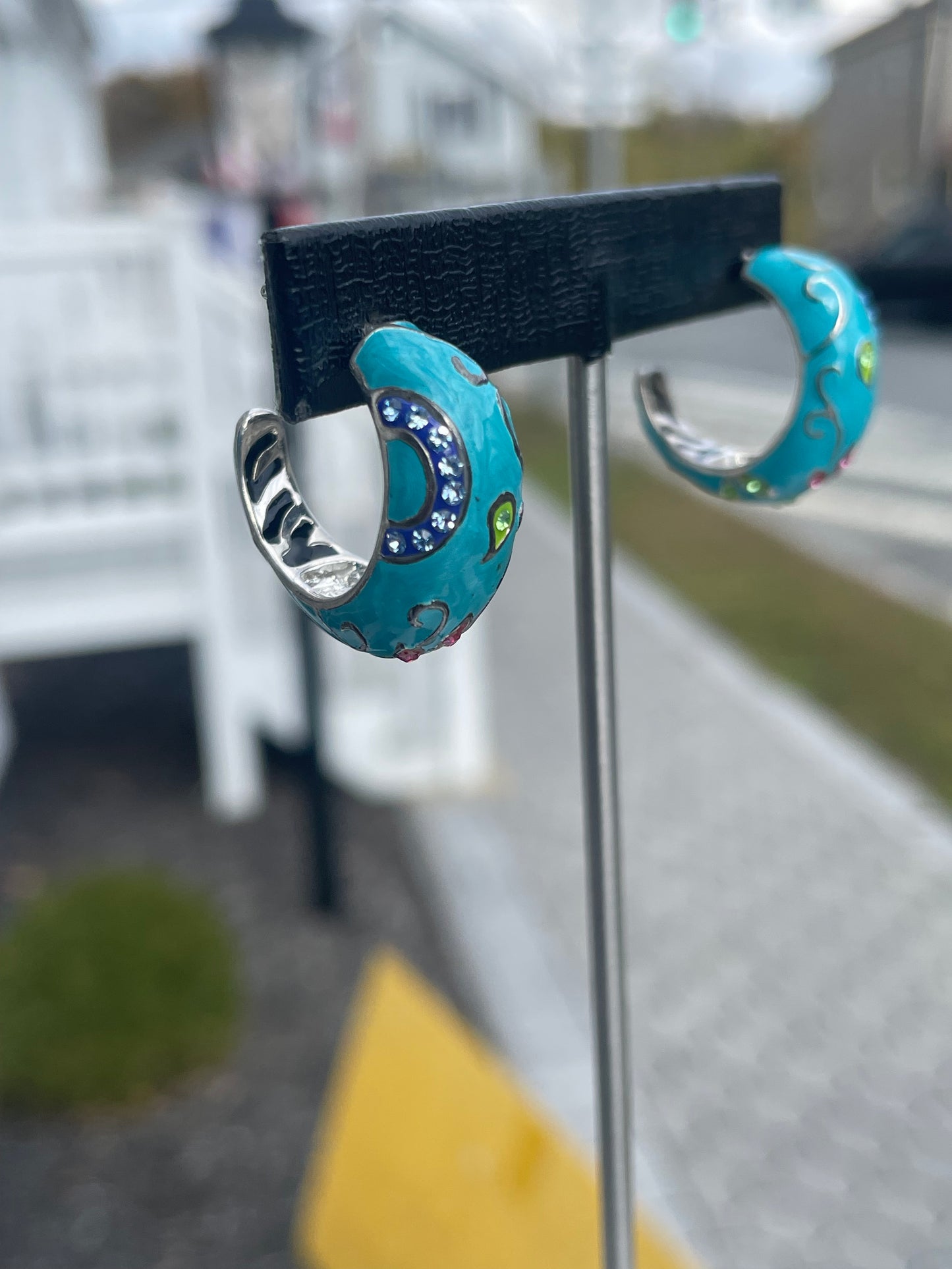 Designer David Sigal Decorative Blue Enamel 3/4 Hoop Earrings