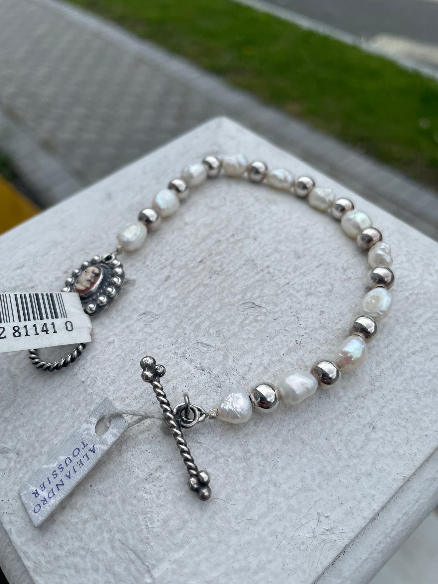 Designer AT Vintage 925 Silver Bead & Pearl Cameo Toggle Bracelet 8.5”